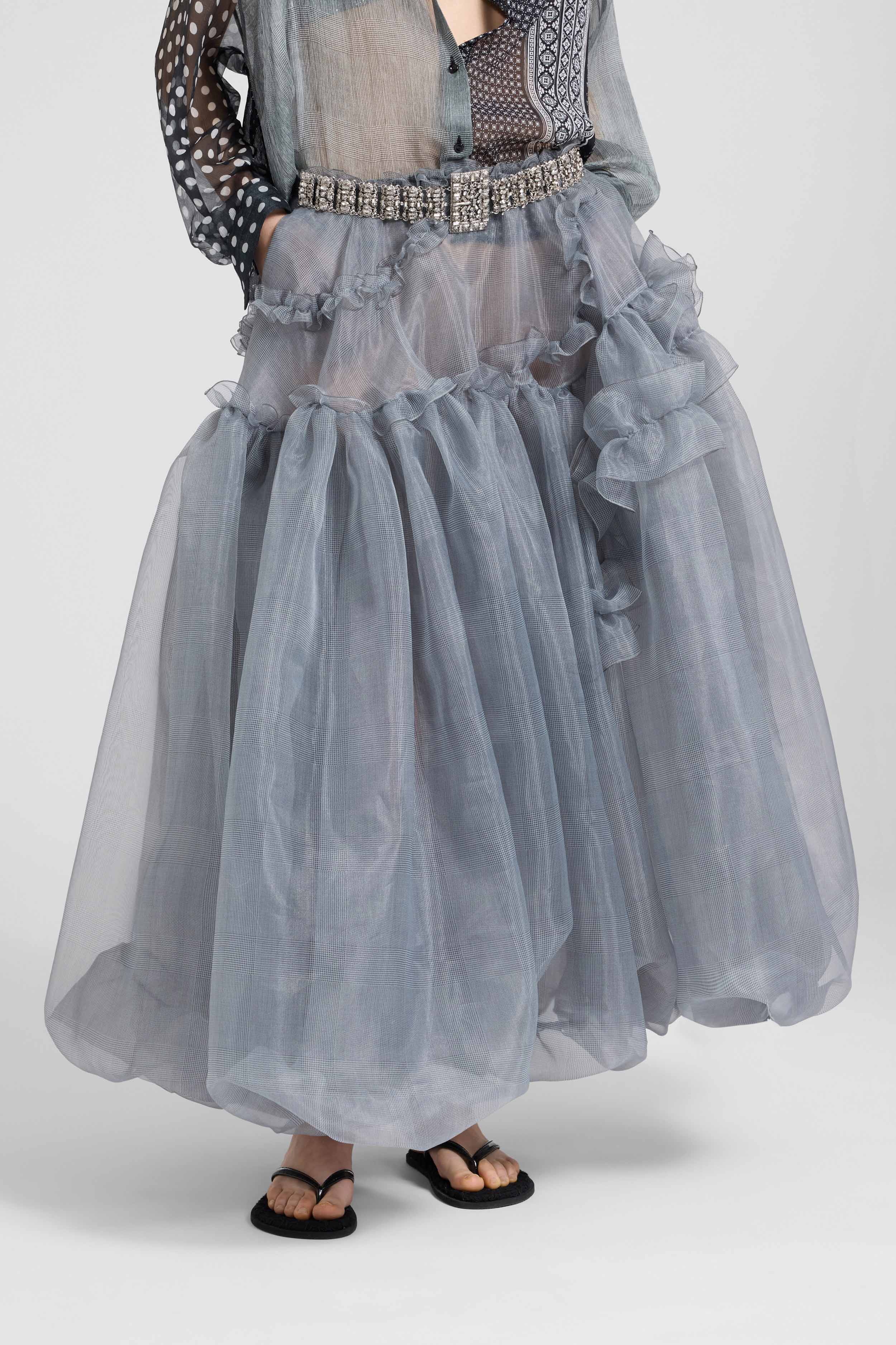 Asymmetric balloon skirt in grey technical organza with Prince of Wales print - Image 3
