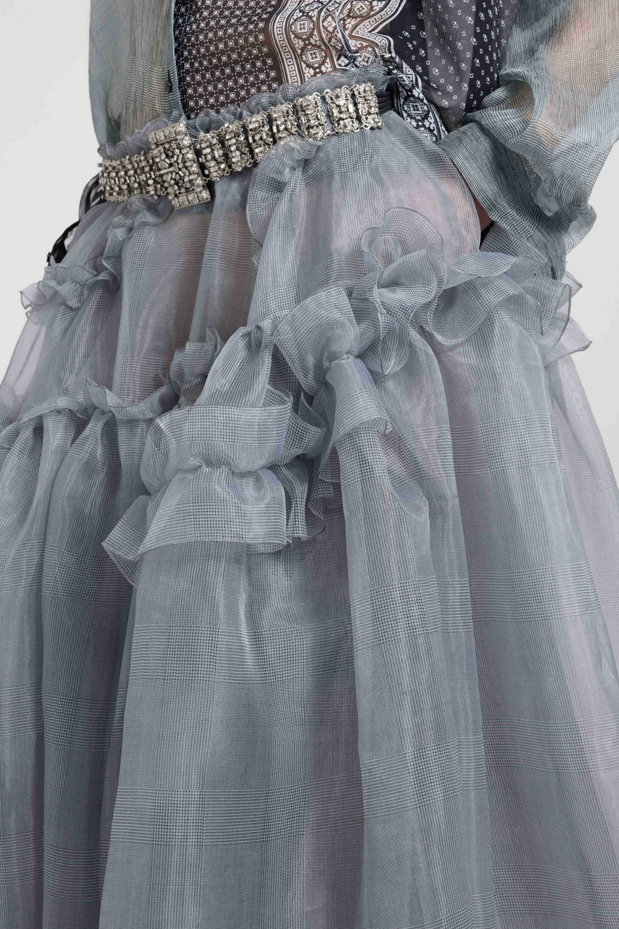Asymmetric balloon skirt in grey technical organza with Prince of Wales print - Image 4