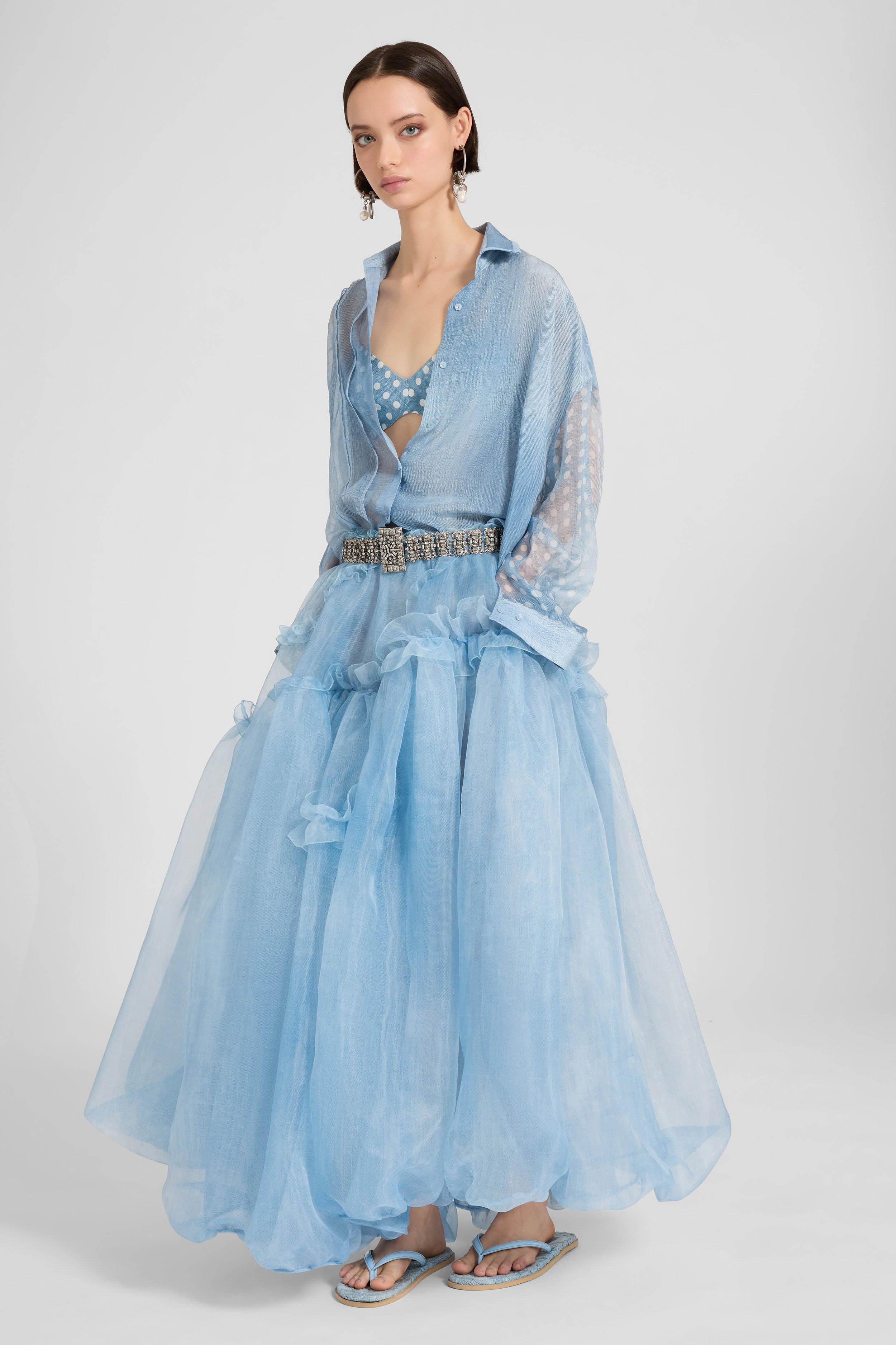 Asymmetric balloon skirt in technical denim-blue organza with ruffles - Image 2