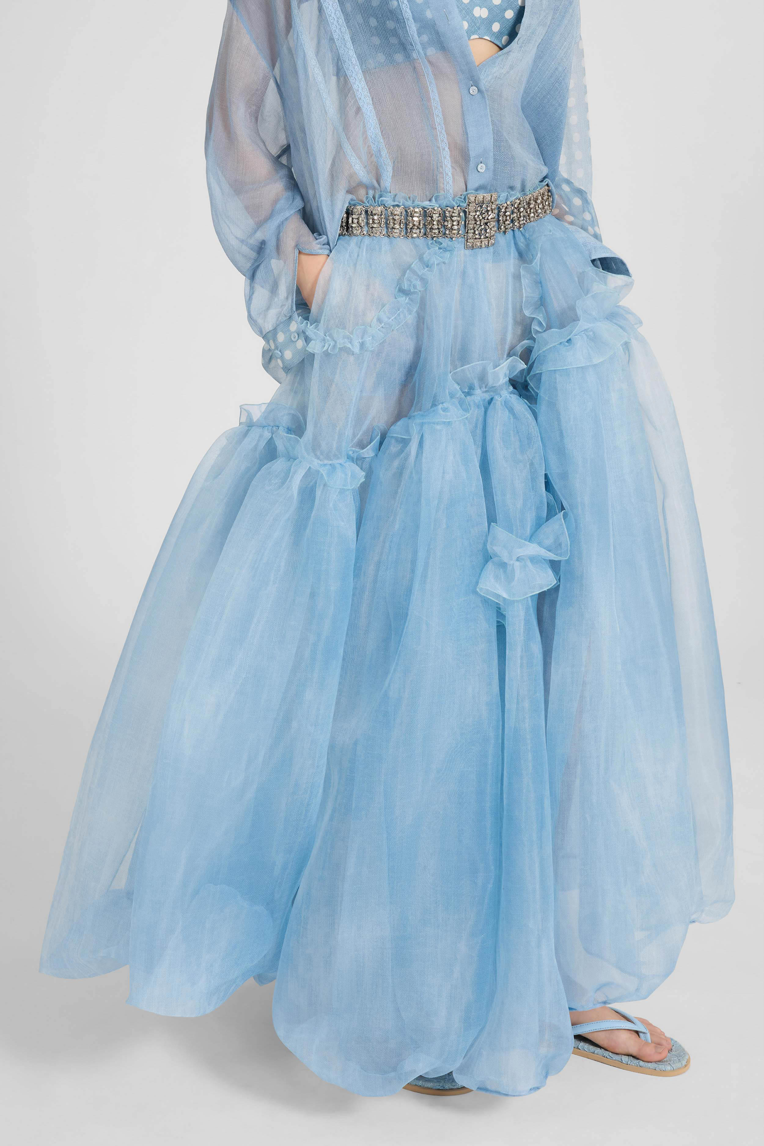 Asymmetric balloon skirt in technical denim-blue organza with ruffles - Image 3