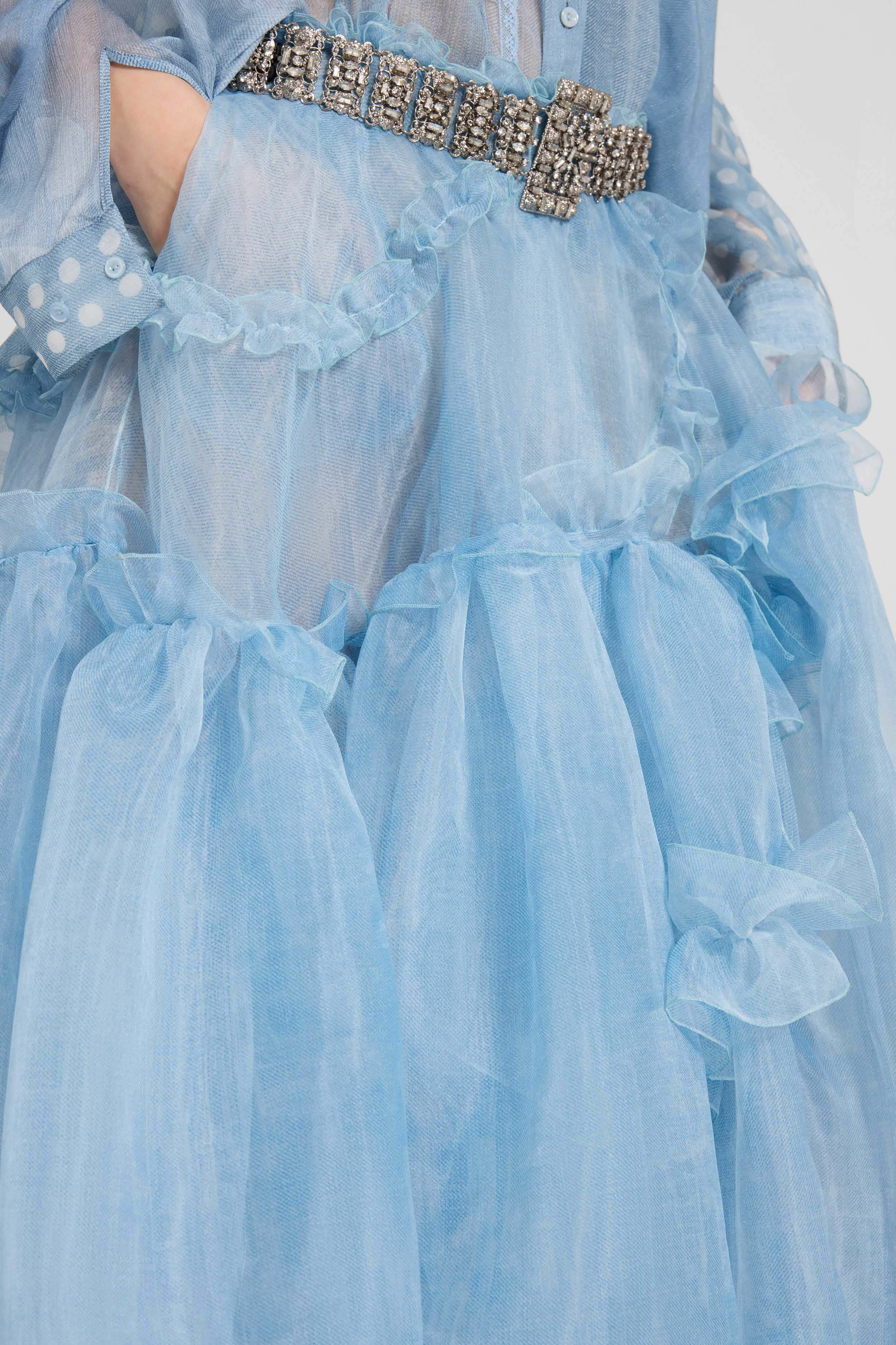 Asymmetric balloon skirt in technical denim-blue organza with ruffles - Image 4