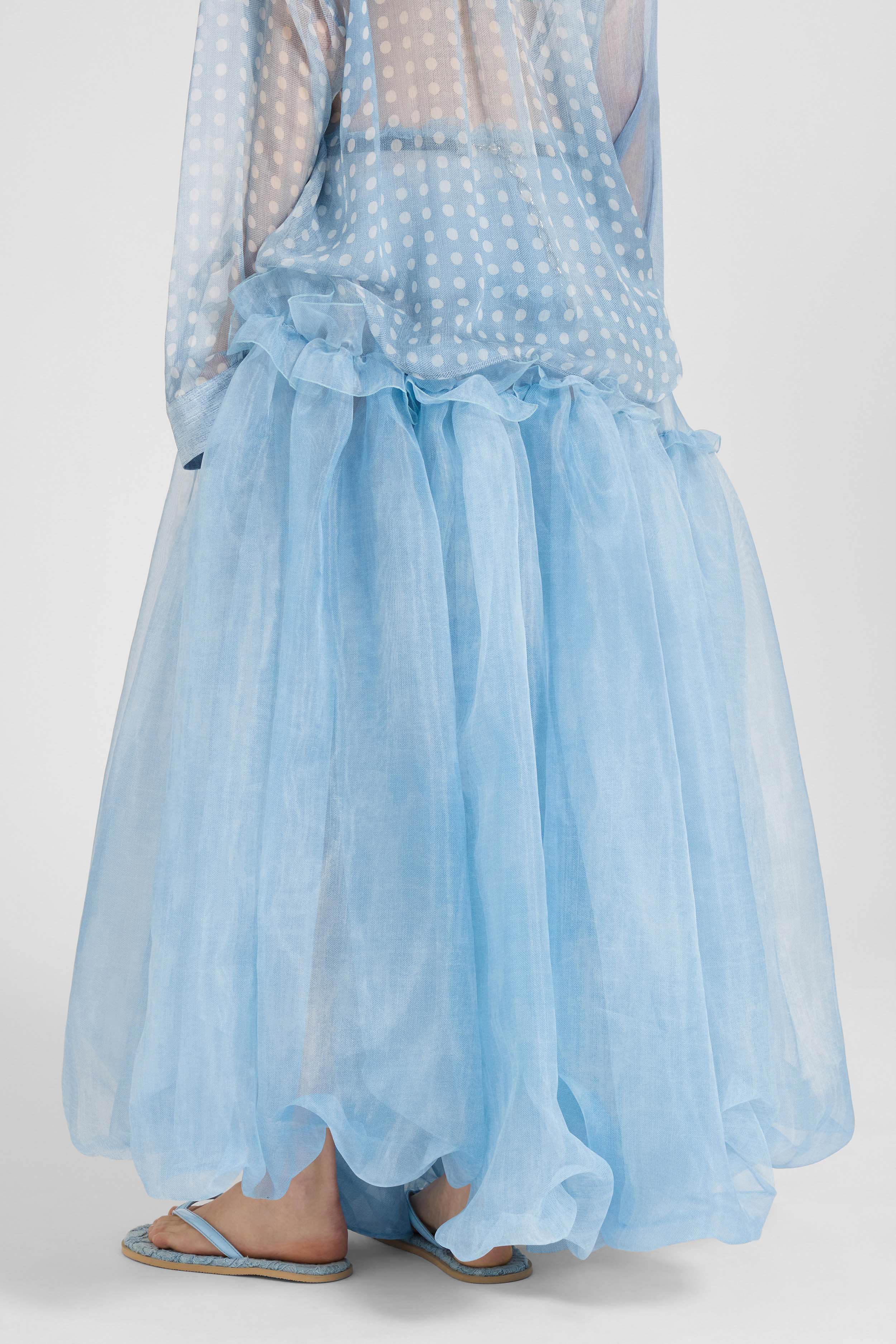 Asymmetric balloon skirt in technical denim-blue organza with ruffles - Image 5