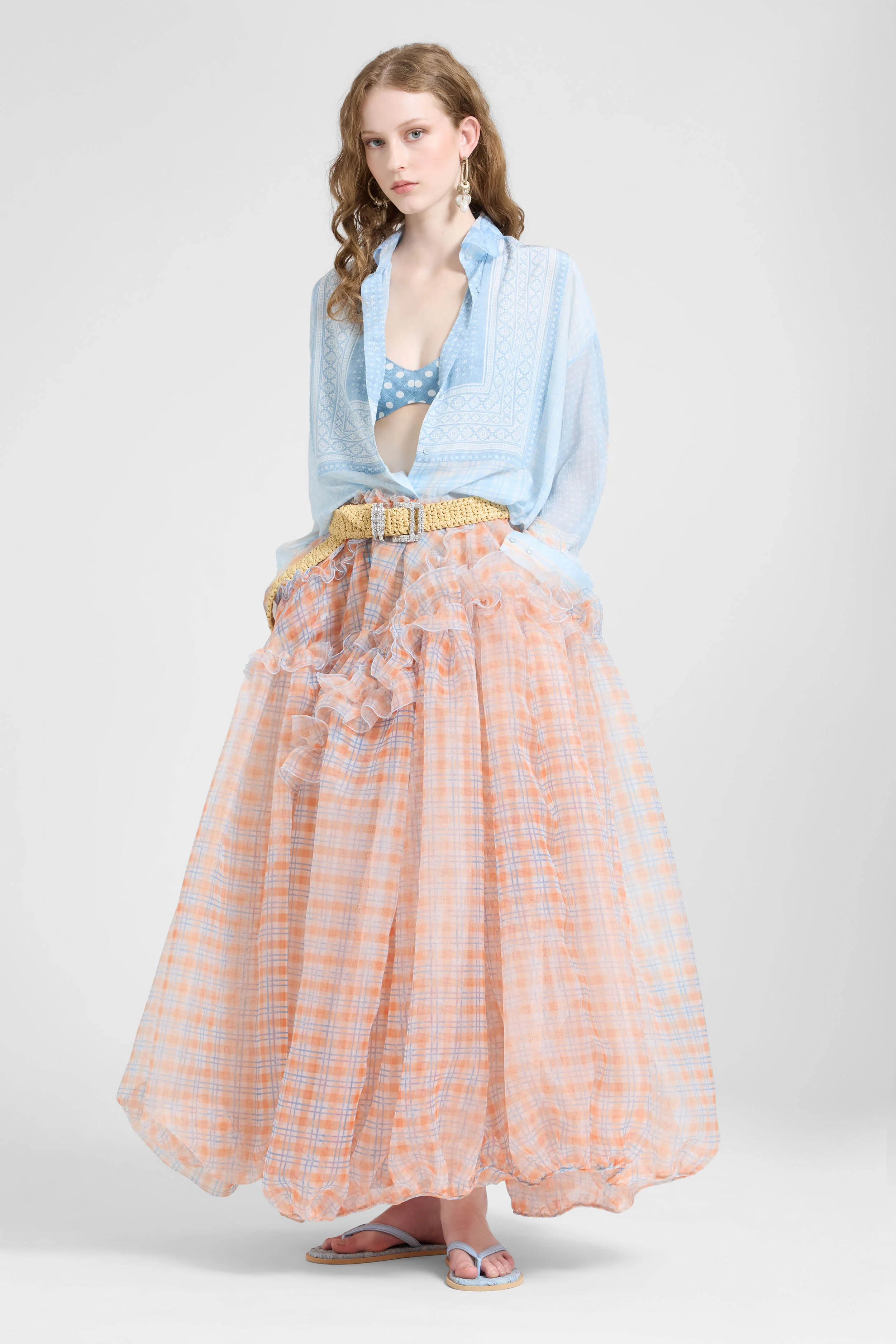 Asymmetric balloon skirt in technical organza with denim-blue and orange check print - Image 2