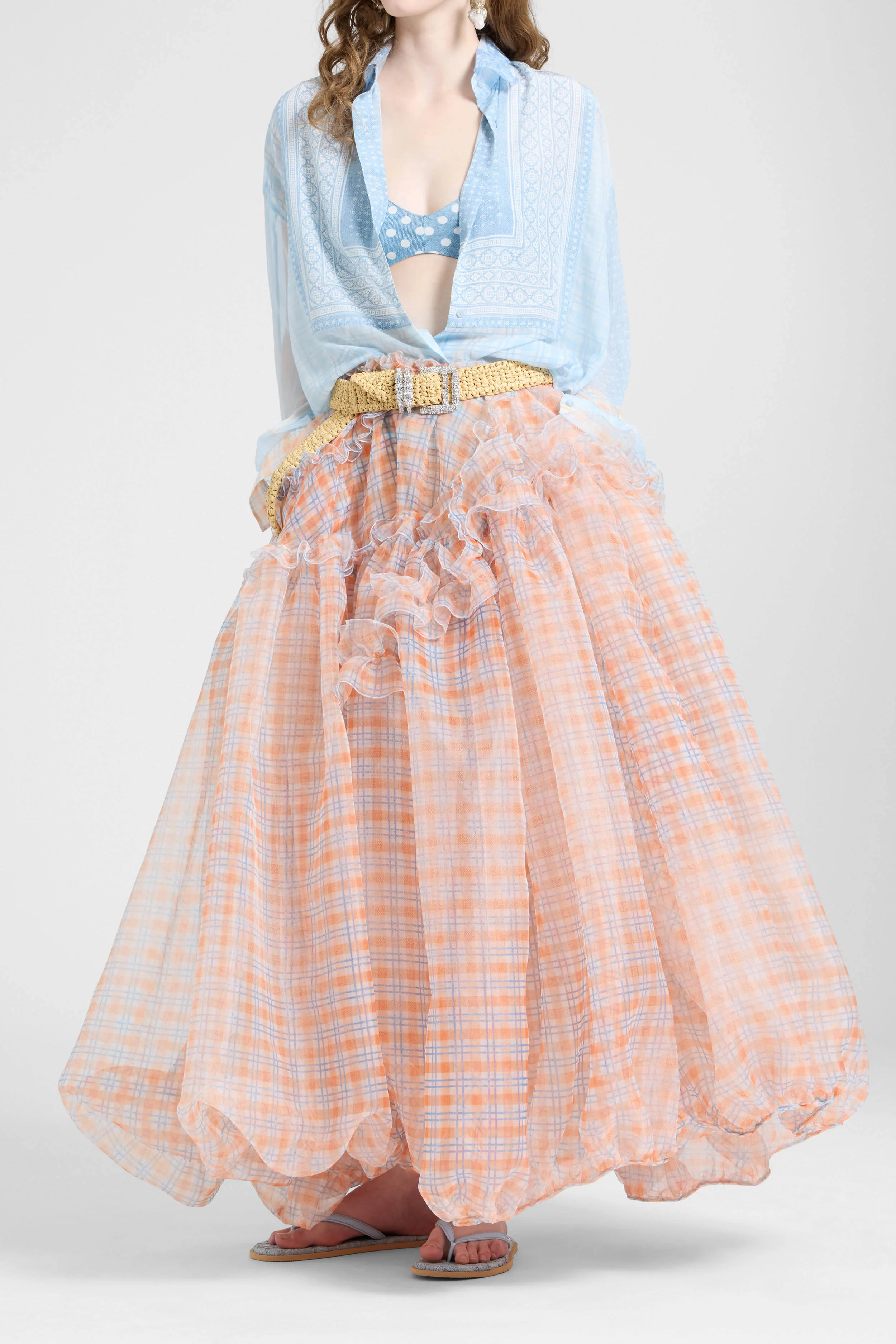 Asymmetric balloon skirt in technical organza with denim-blue and orange check print - Image 3