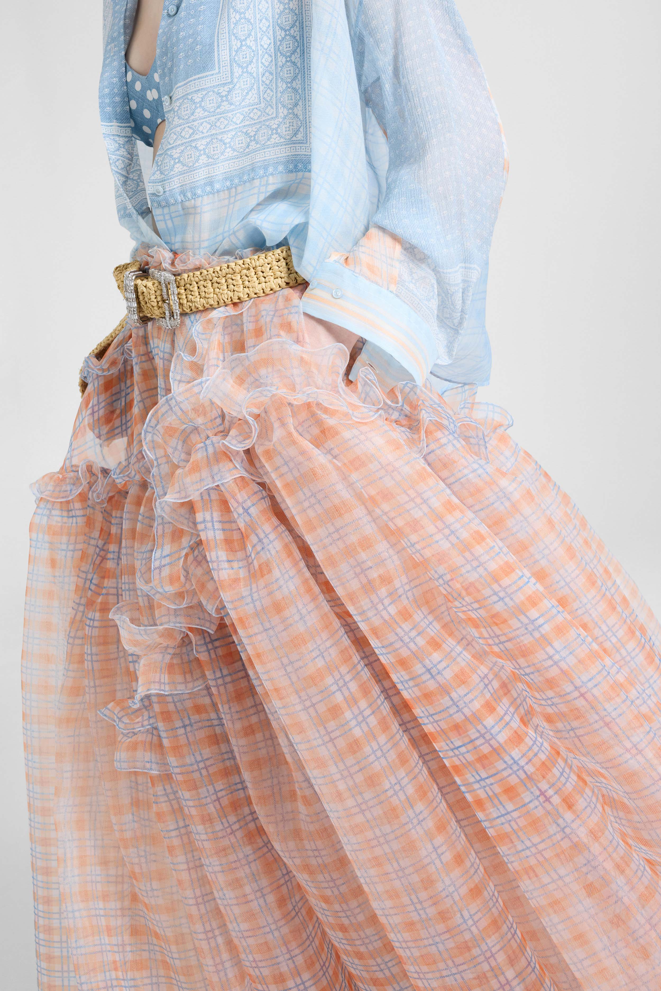 Asymmetric balloon skirt in technical organza with denim-blue and orange check print - Image 4