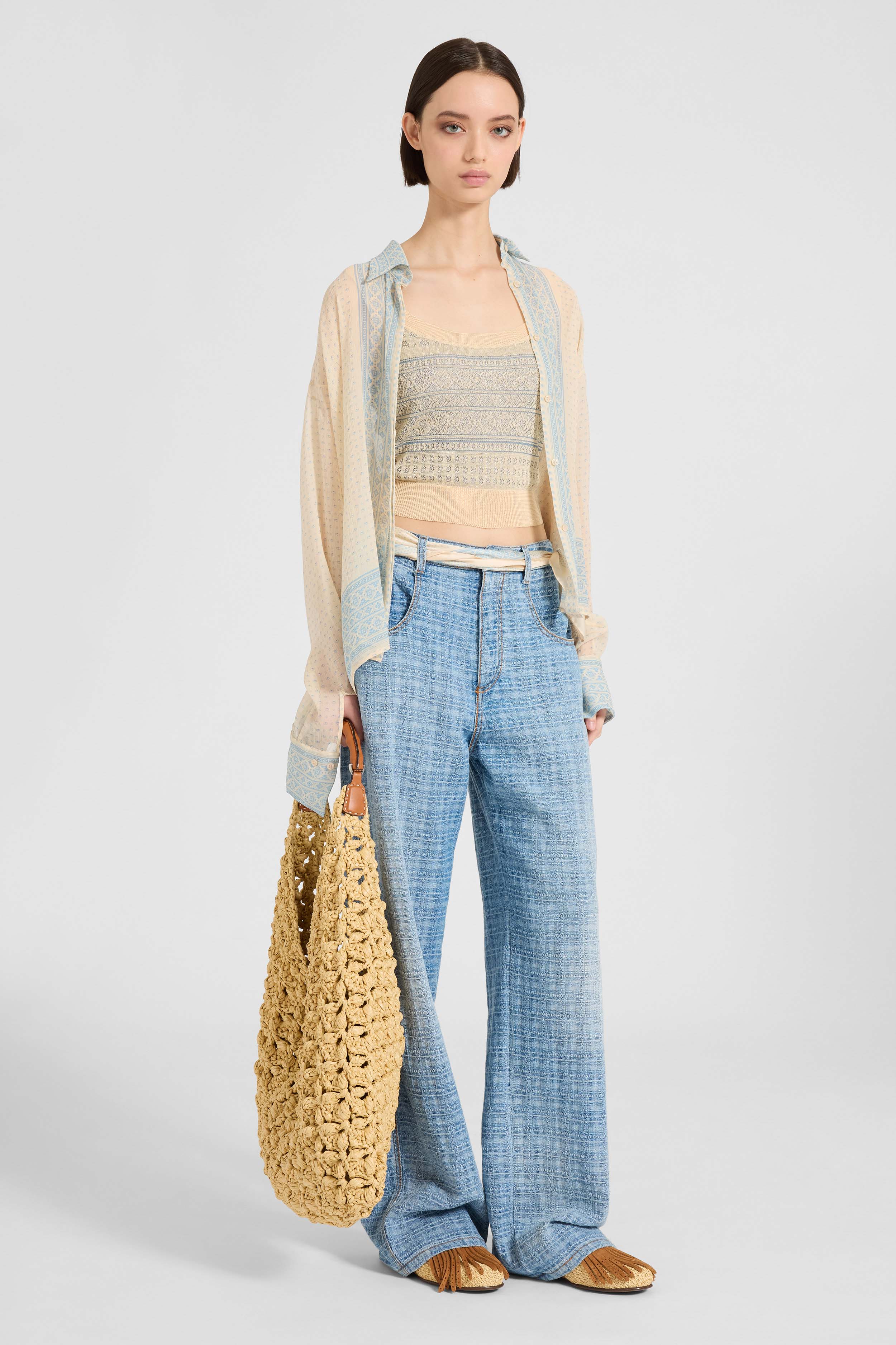Baggy trousers in jacquard check denim with printed silk scarf belt - Image 2