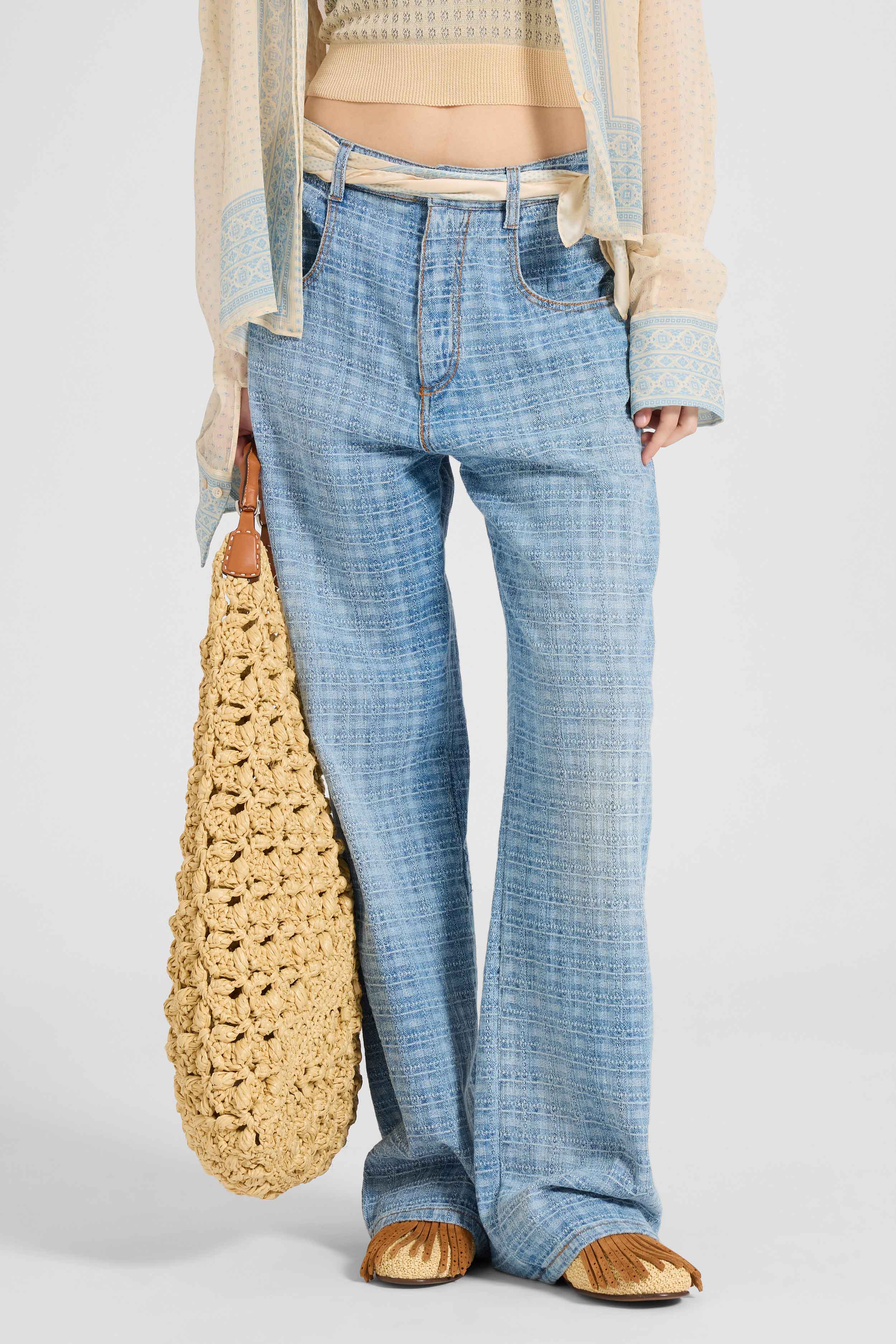 Baggy trousers in jacquard check denim with printed silk scarf belt - Image 3