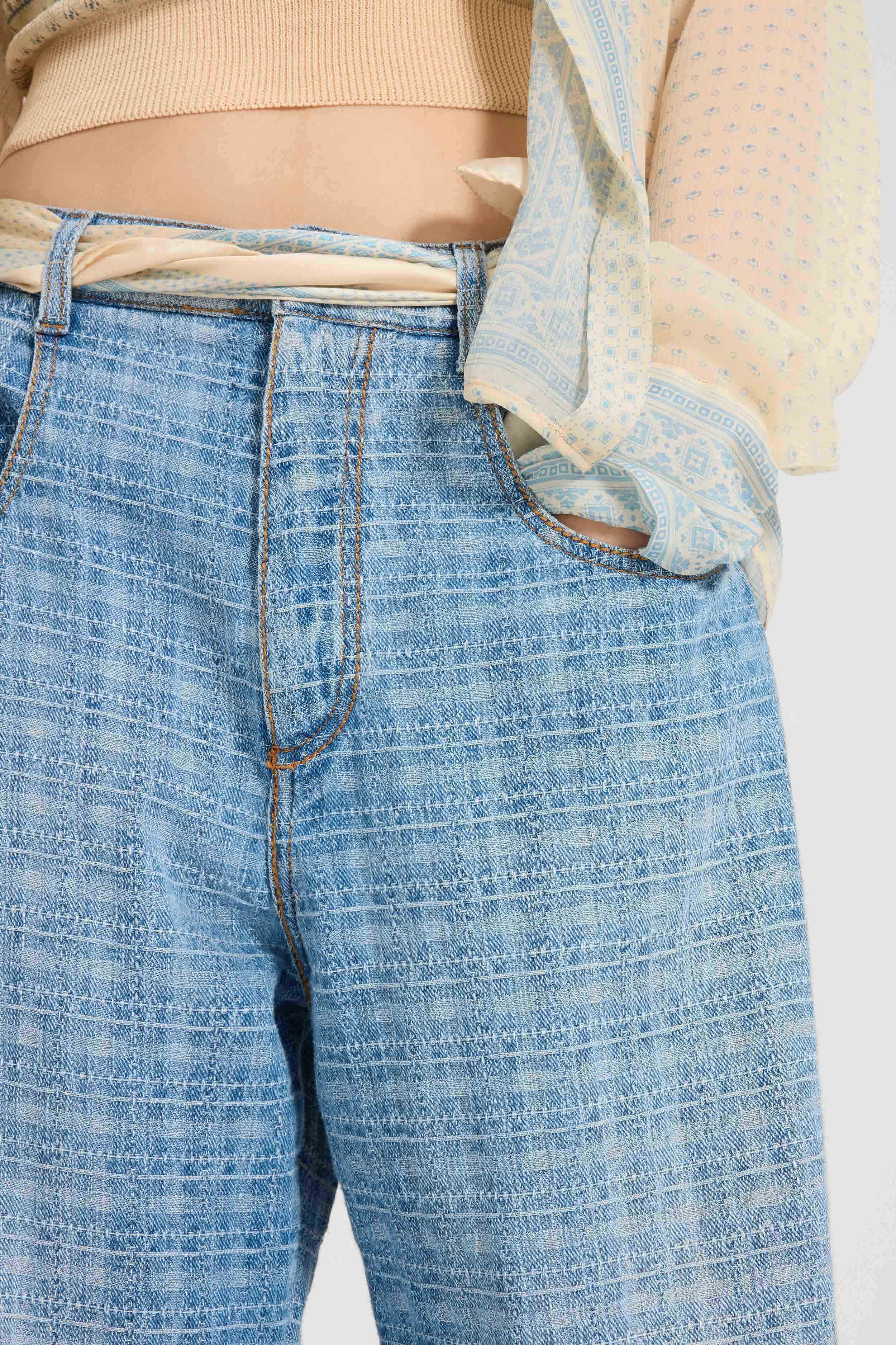 Baggy trousers in jacquard check denim with printed silk scarf belt - Image 4