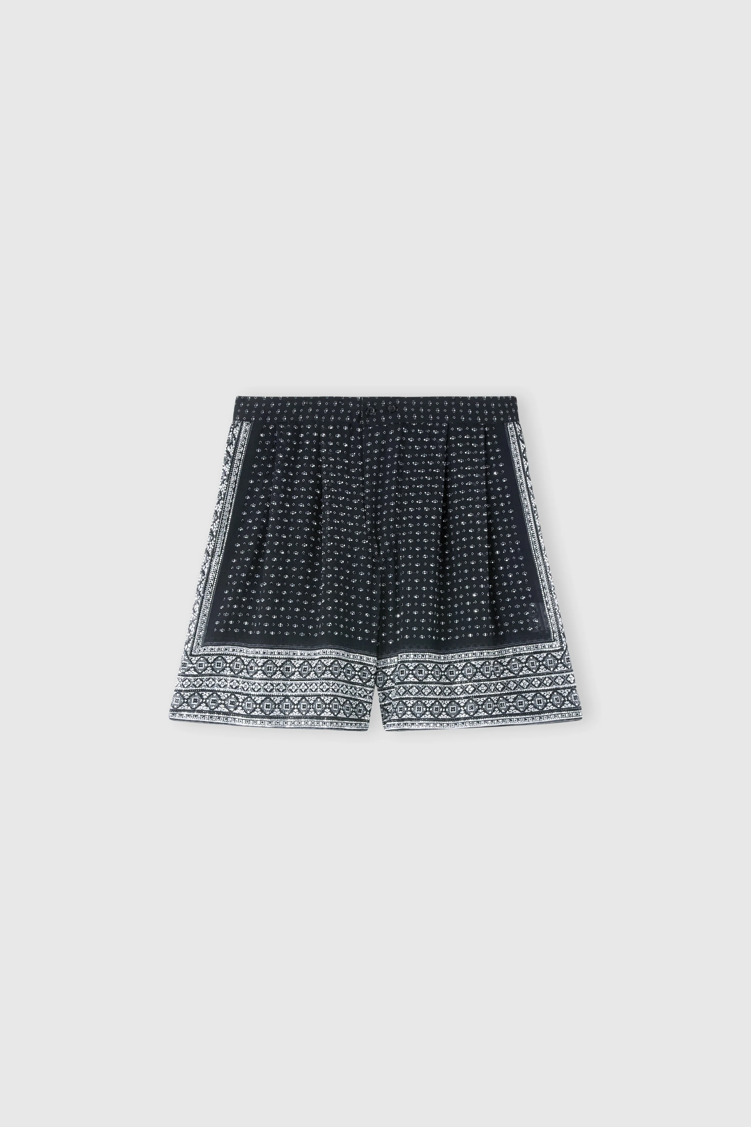 Bandana print crepon silk bermuda with hand-applied crystals