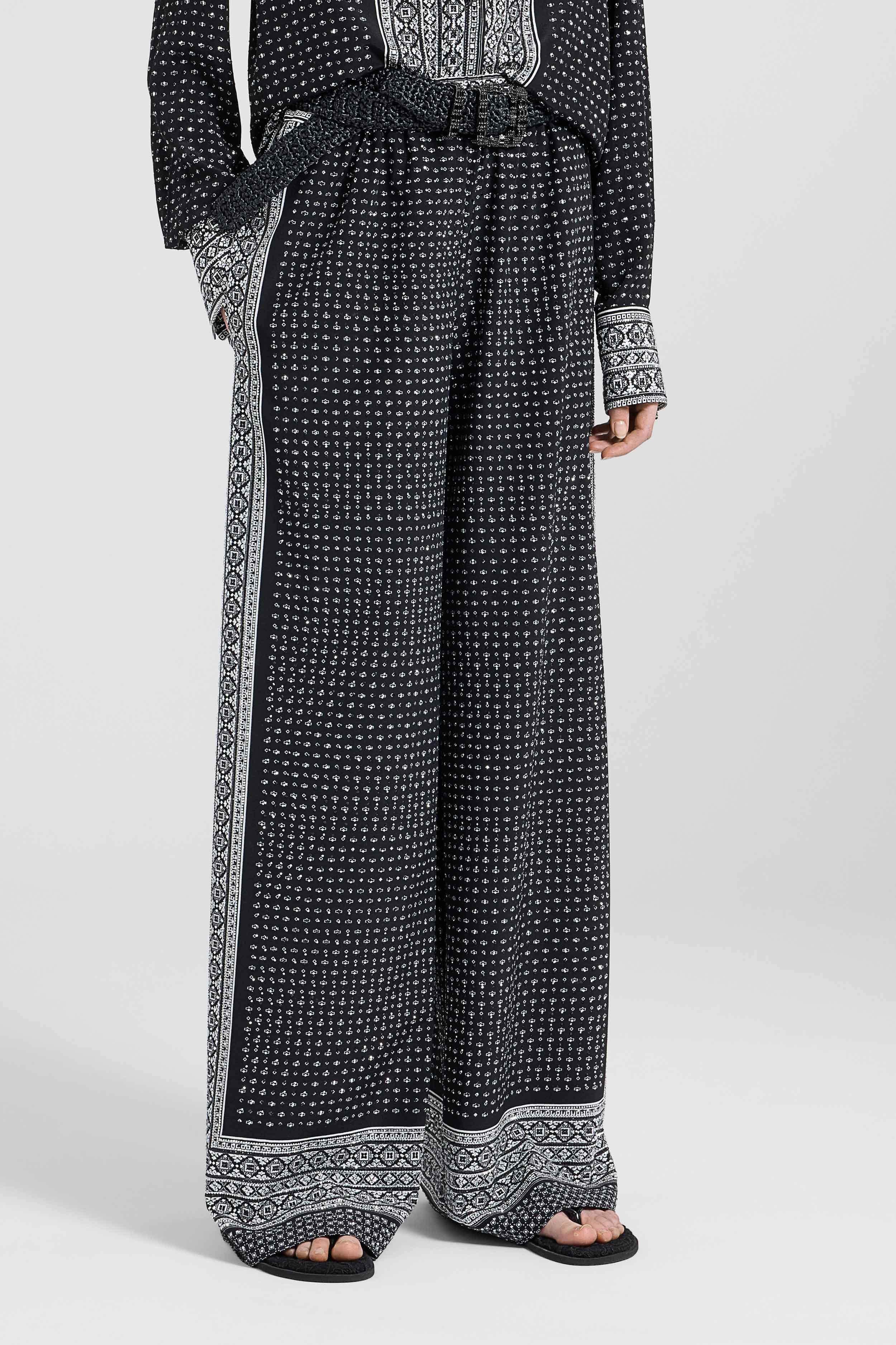 Bandana print silk palazzo trousers with hand-applied crystals - Image 3