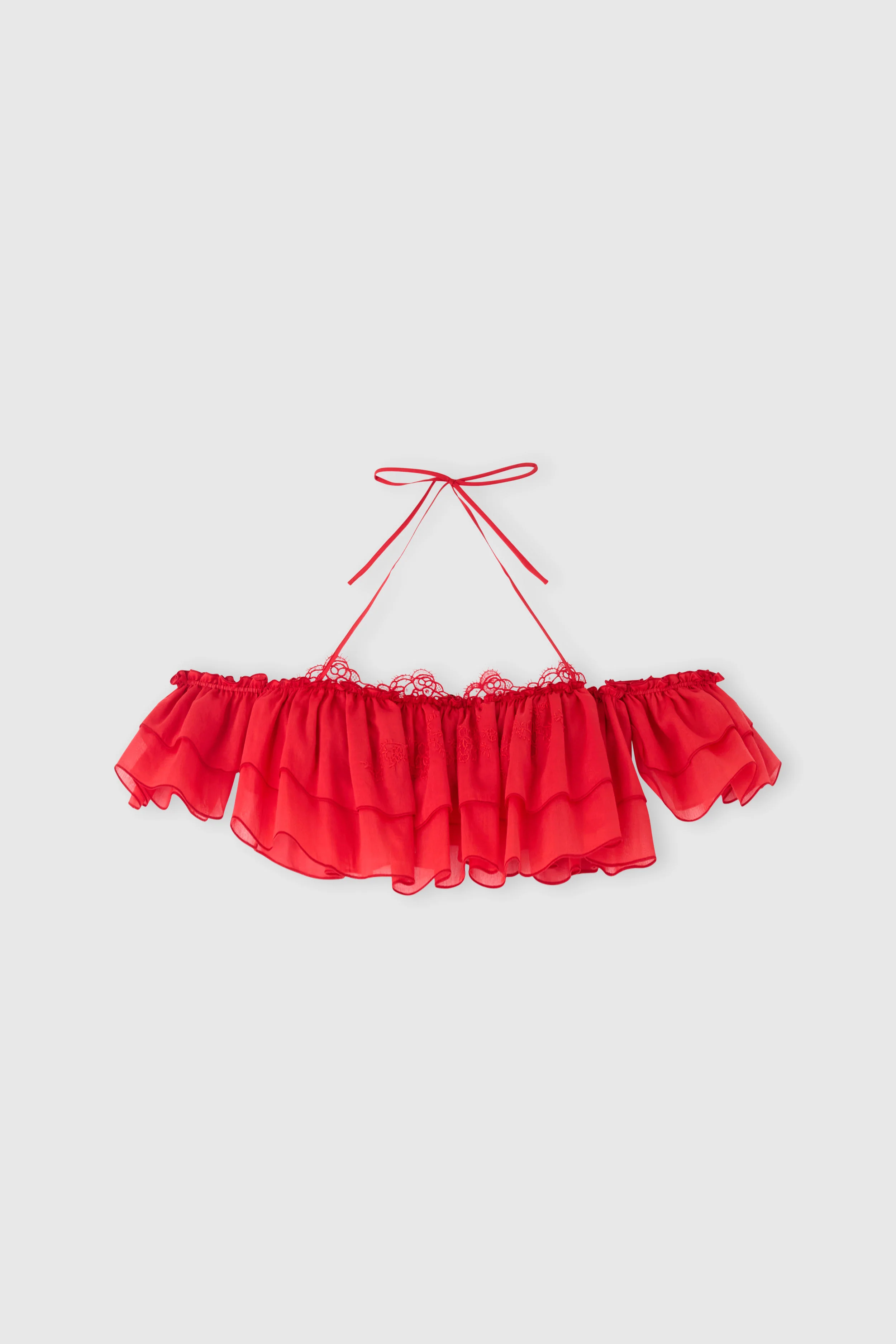 Bandeau top in silk and cotton with volant and rebrodé lace