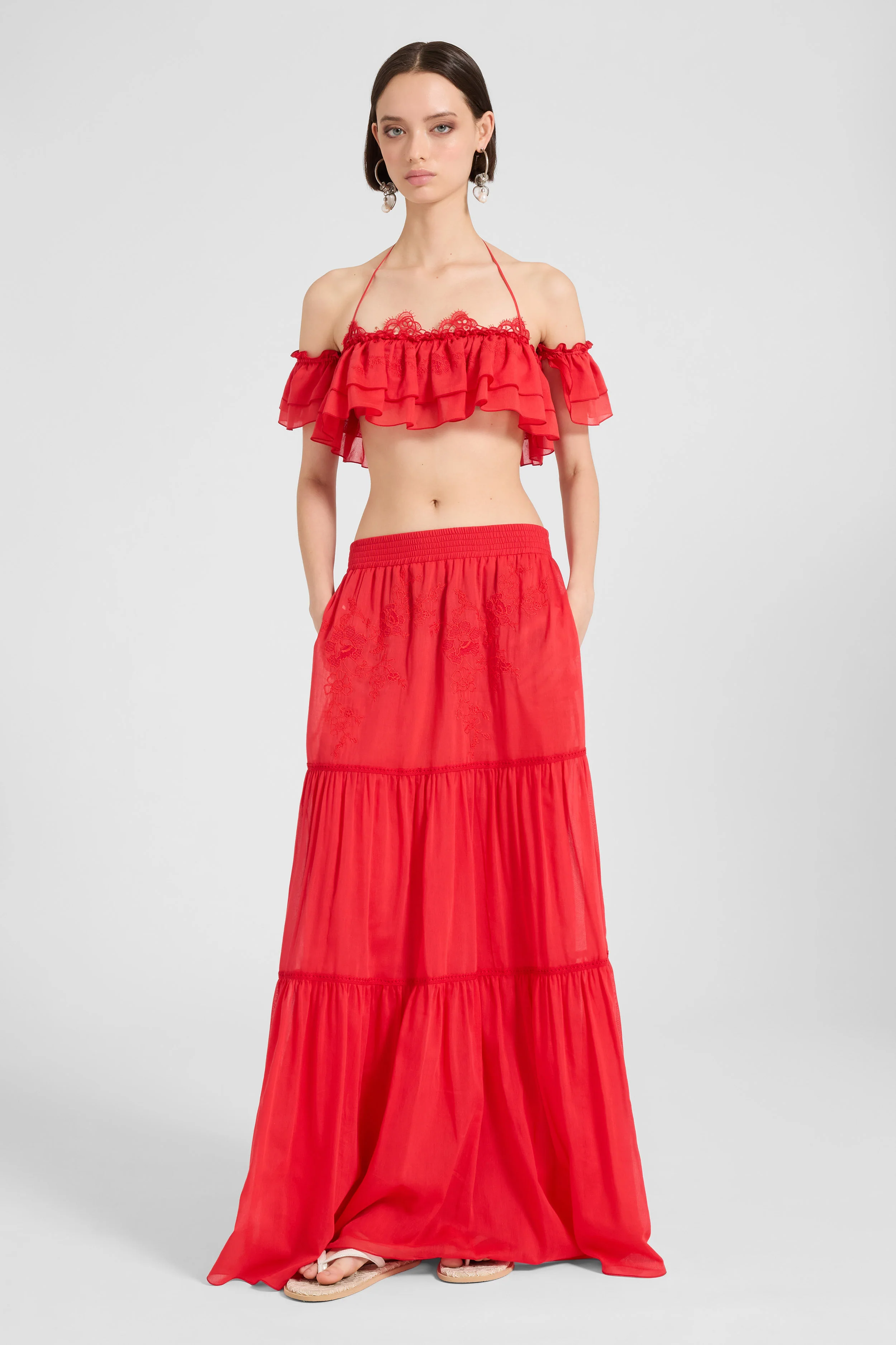 Bandeau top in silk and cotton with volant and rebrodé lace - Image 2