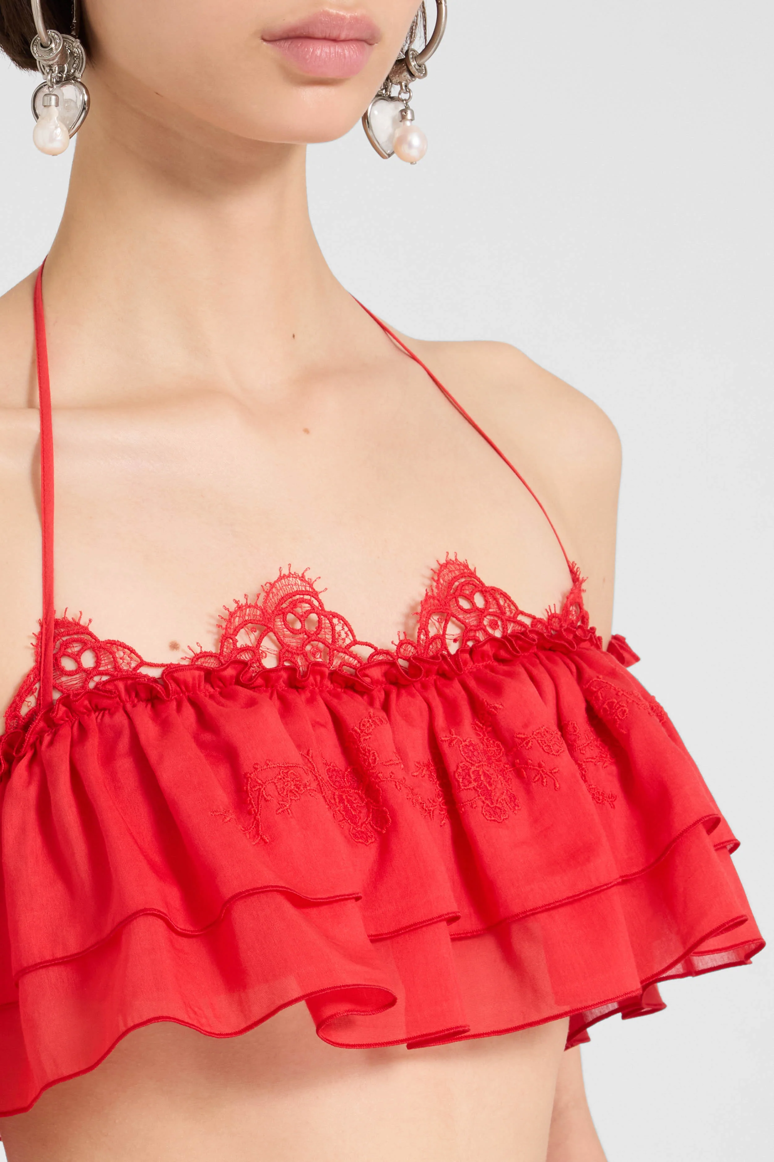 Bandeau top in silk and cotton with volant and rebrodé lace - Image 4