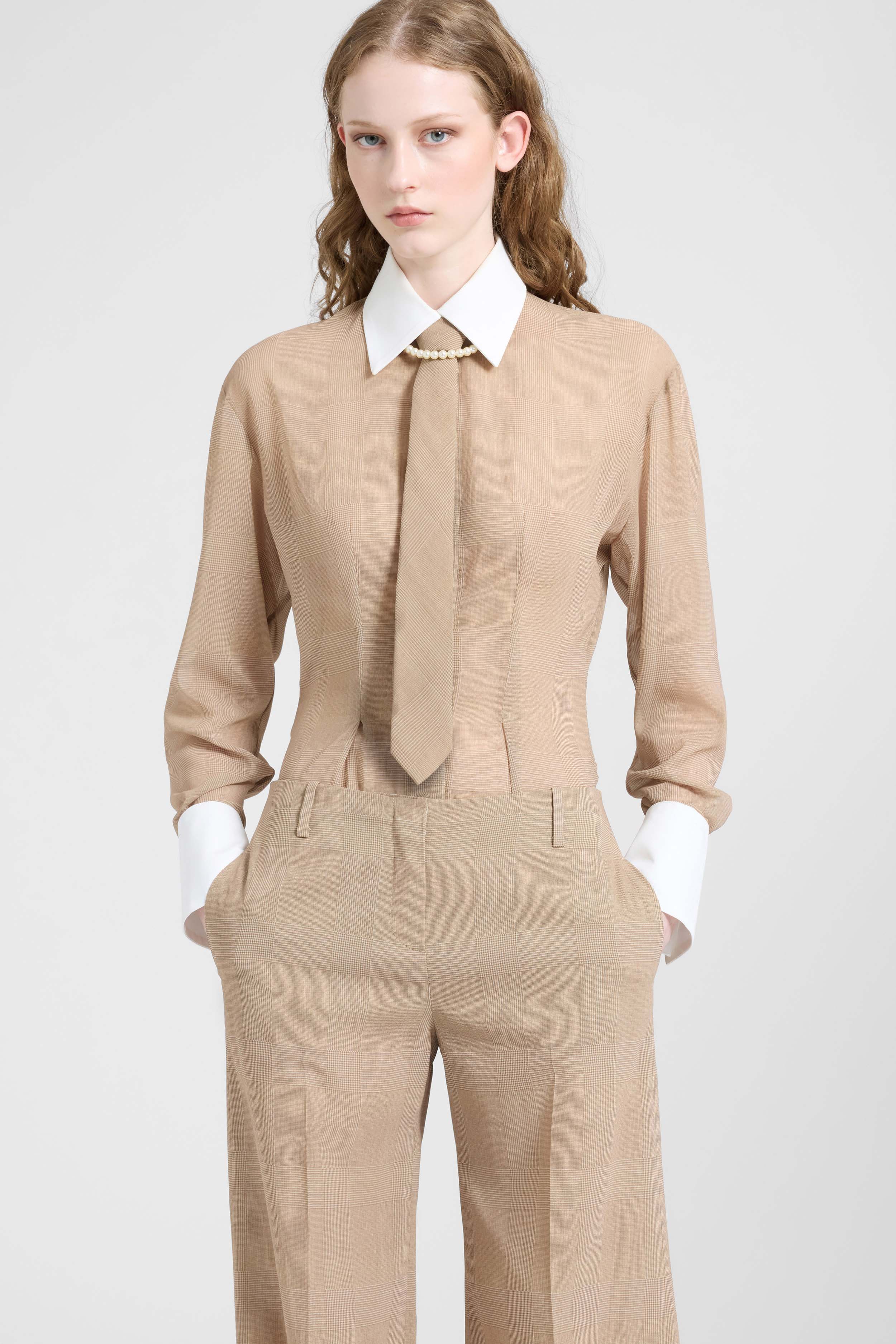 Beige and white Prince of Wales technical georgette shirt - Image 2