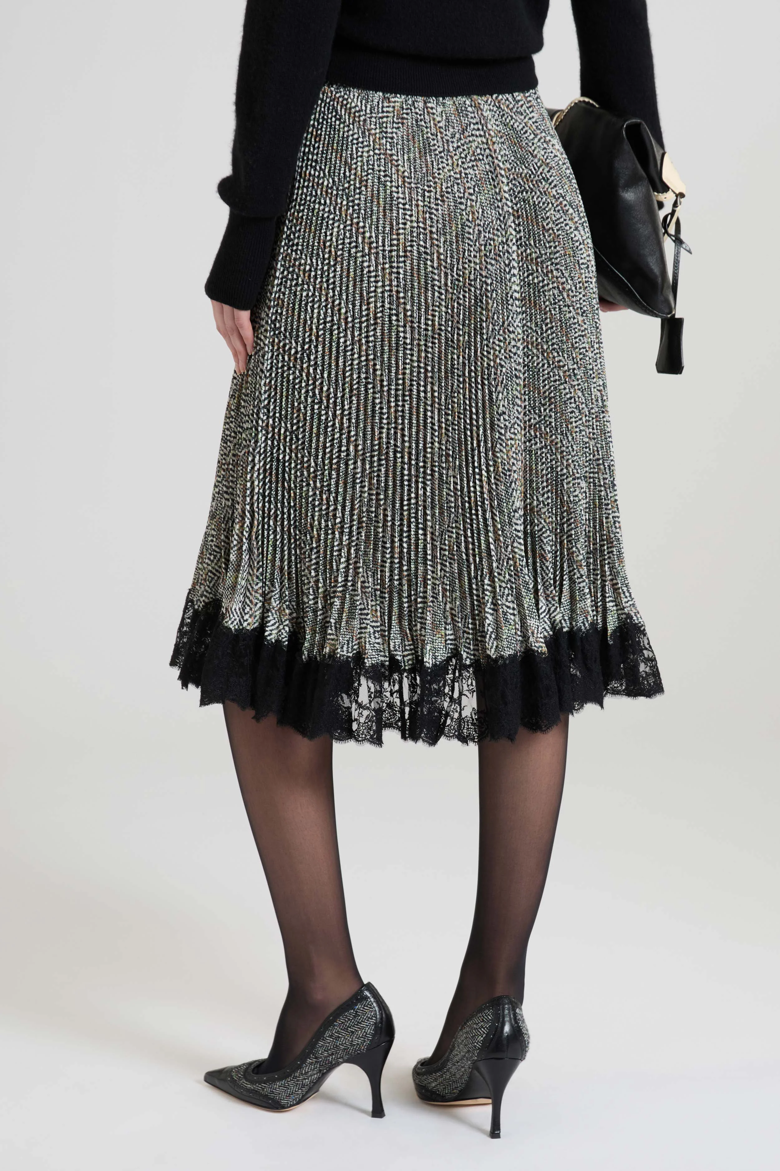Below-the-knee pleated skirt in cady with resca print and contrasting lace hem - Image 5