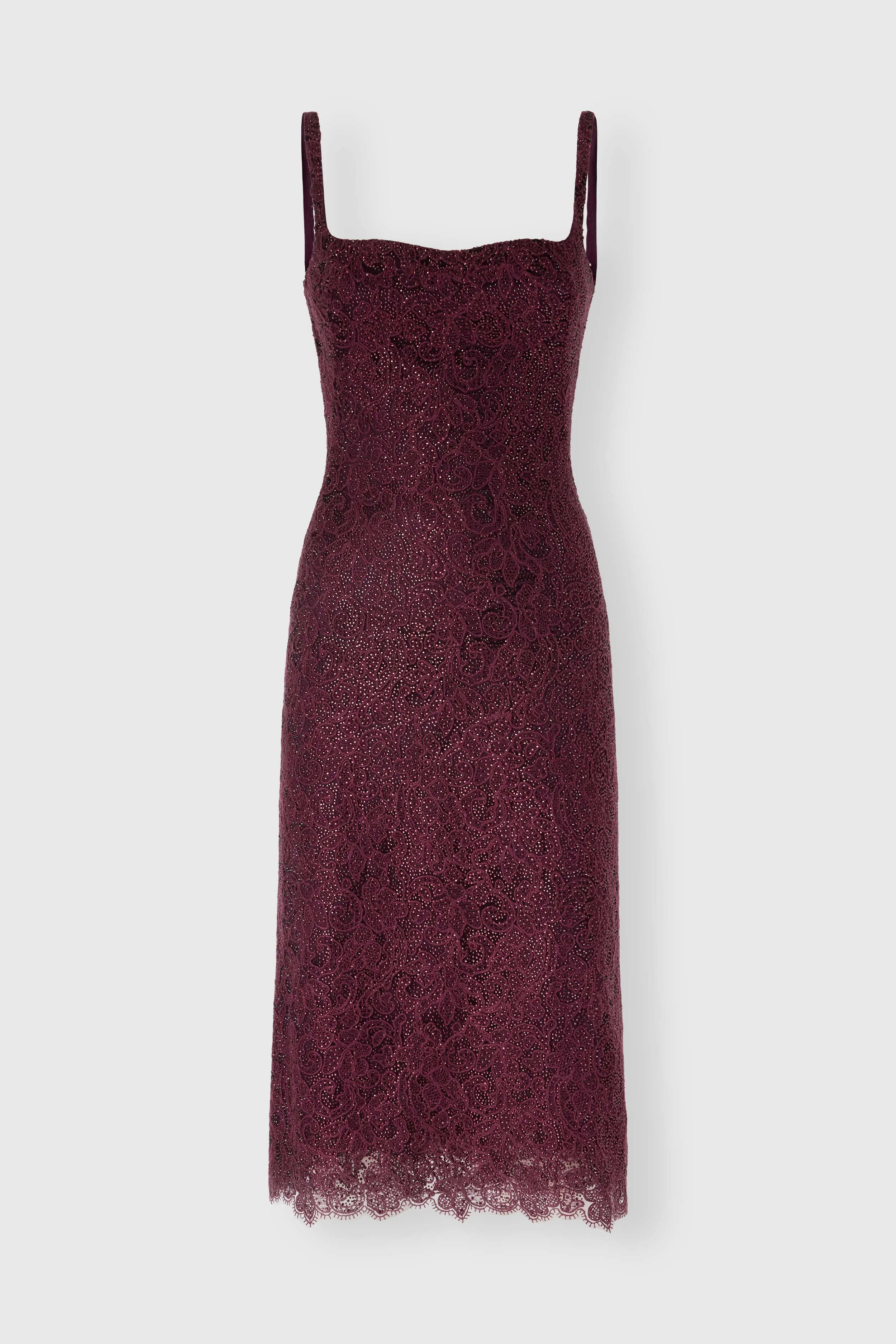 Below-the-knee sheath dress in rebrodé lace with scalloped hem