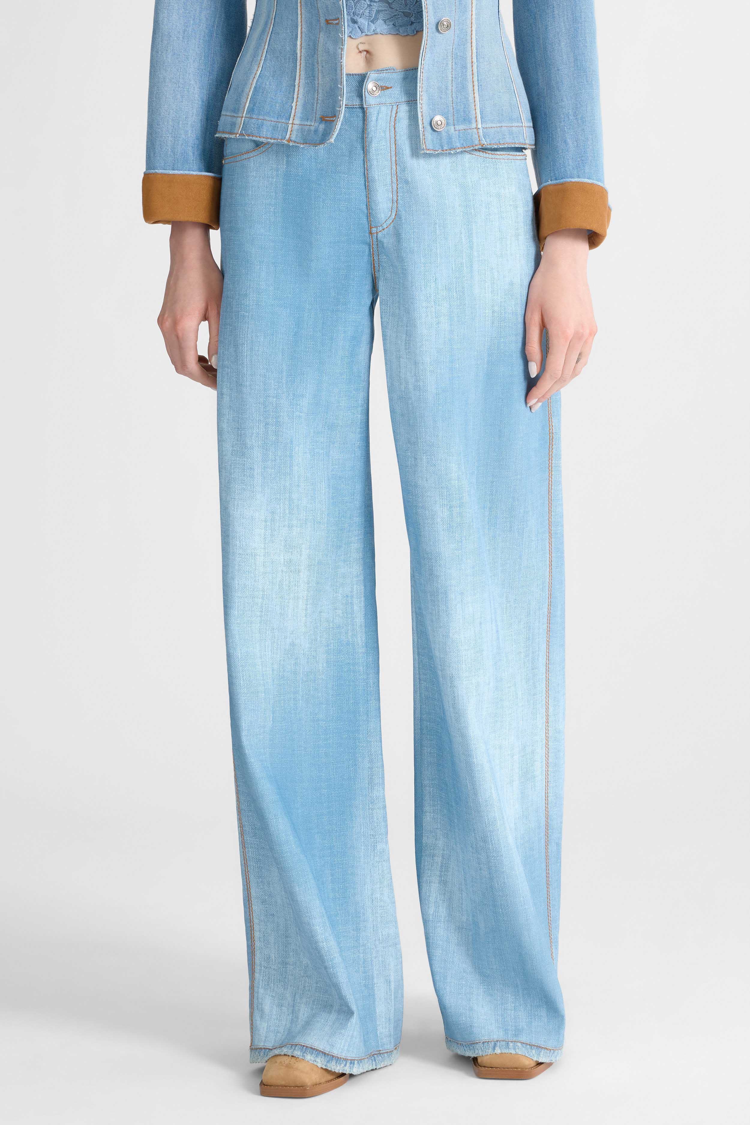 Blue printed jeans-effect marocain palazzo trousers - Image 3