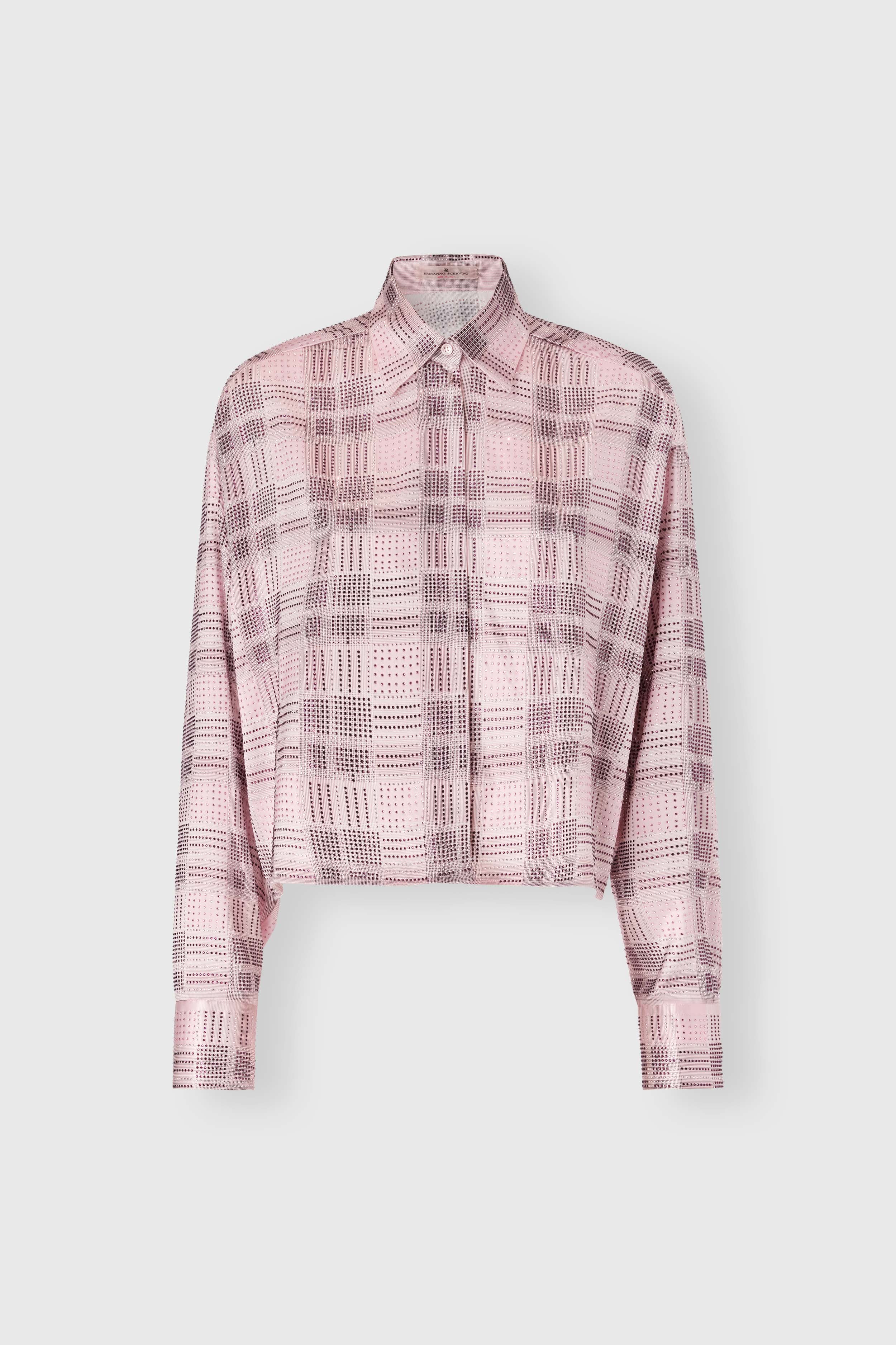 Boxy silk satin shirt with check print and tone-on-tone crystals