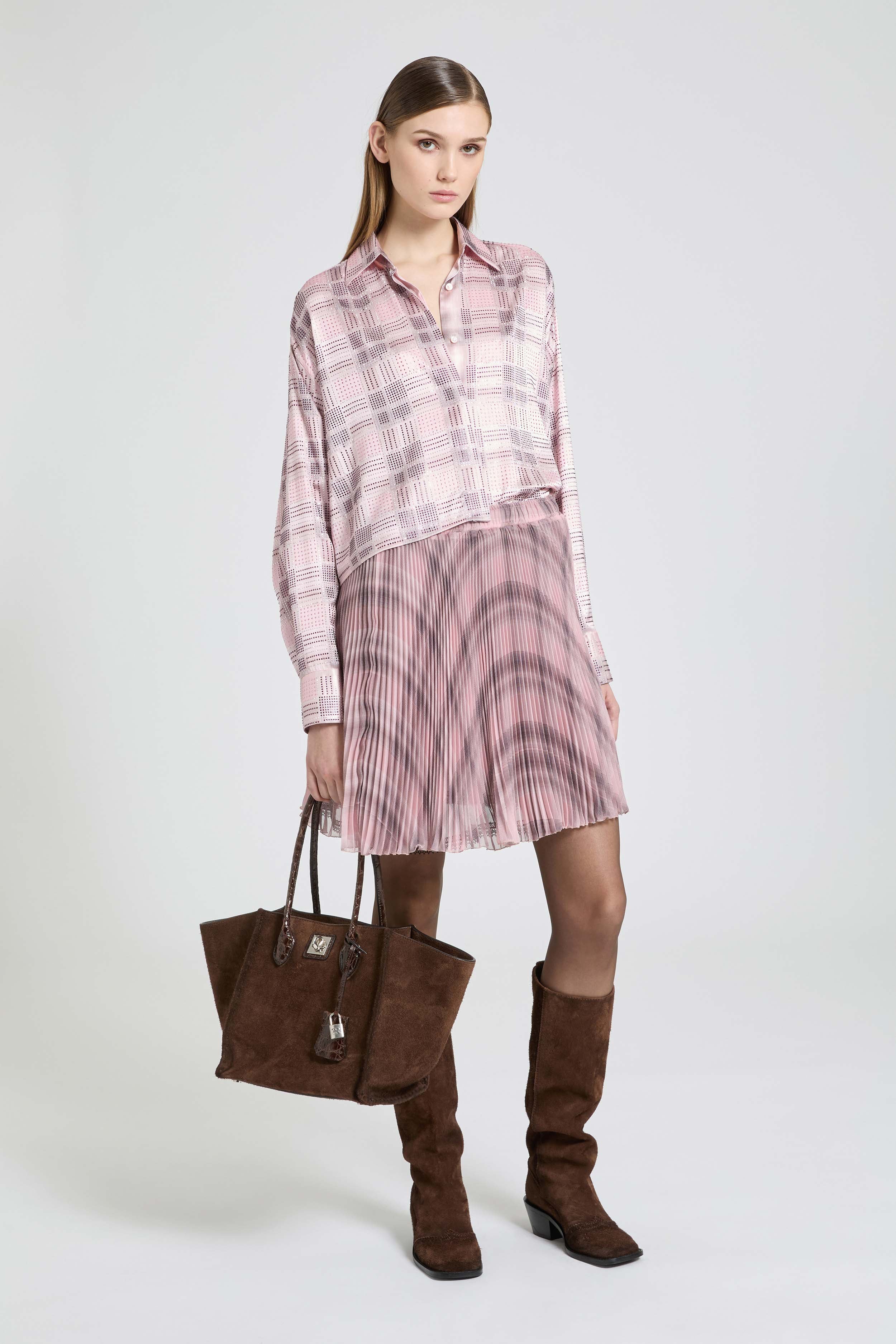Boxy silk satin shirt with check print and tone-on-tone crystals - Image 2