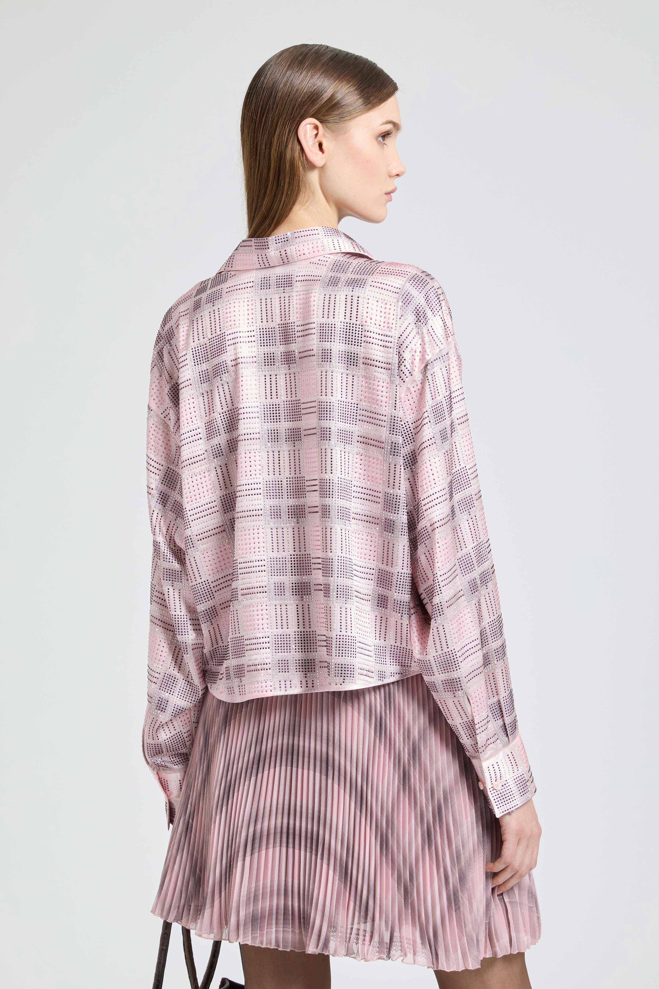 Boxy silk satin shirt with check print and tone-on-tone crystals - Image 5
