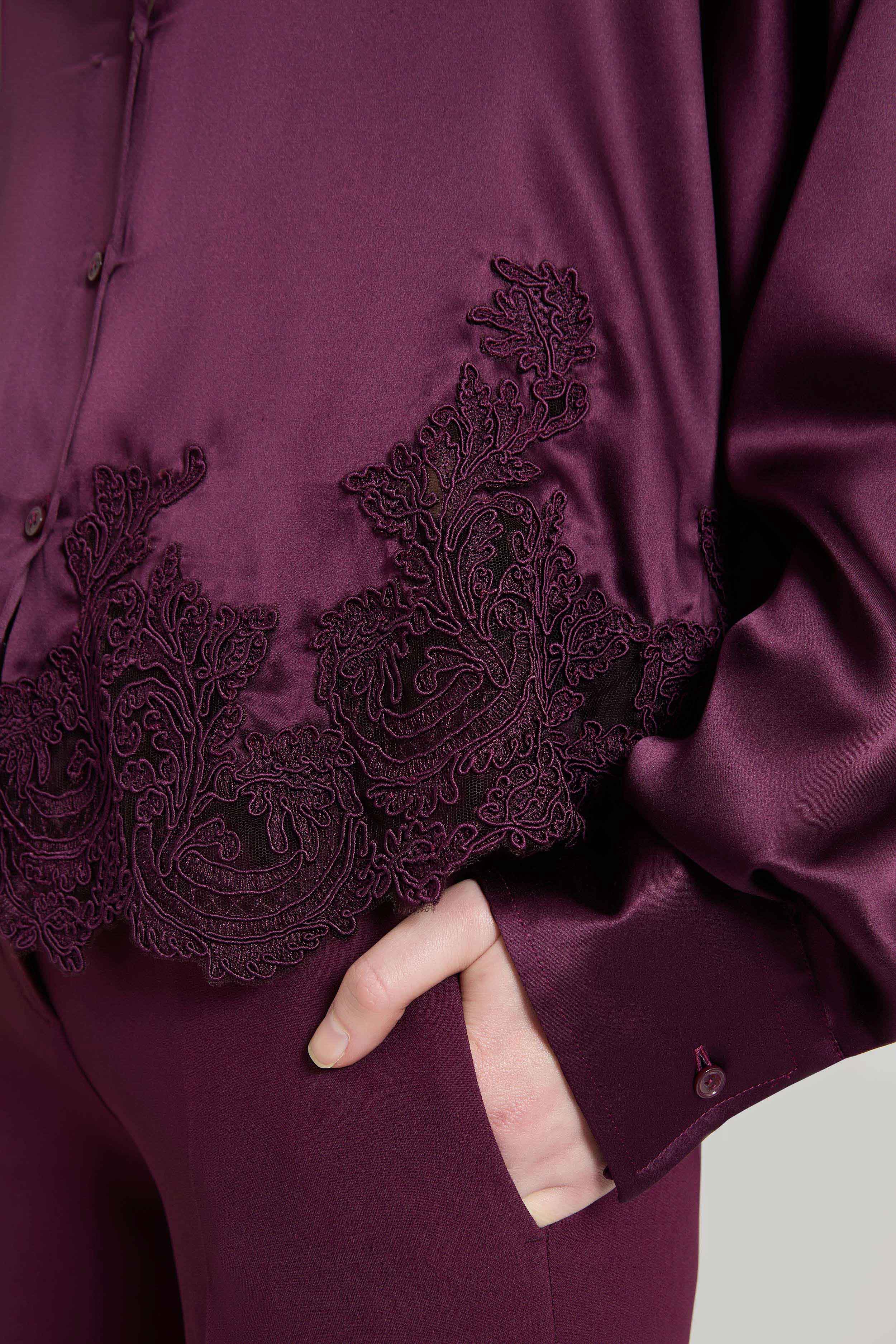 Boxy silk satin shirt with lace hem detail - Image 4