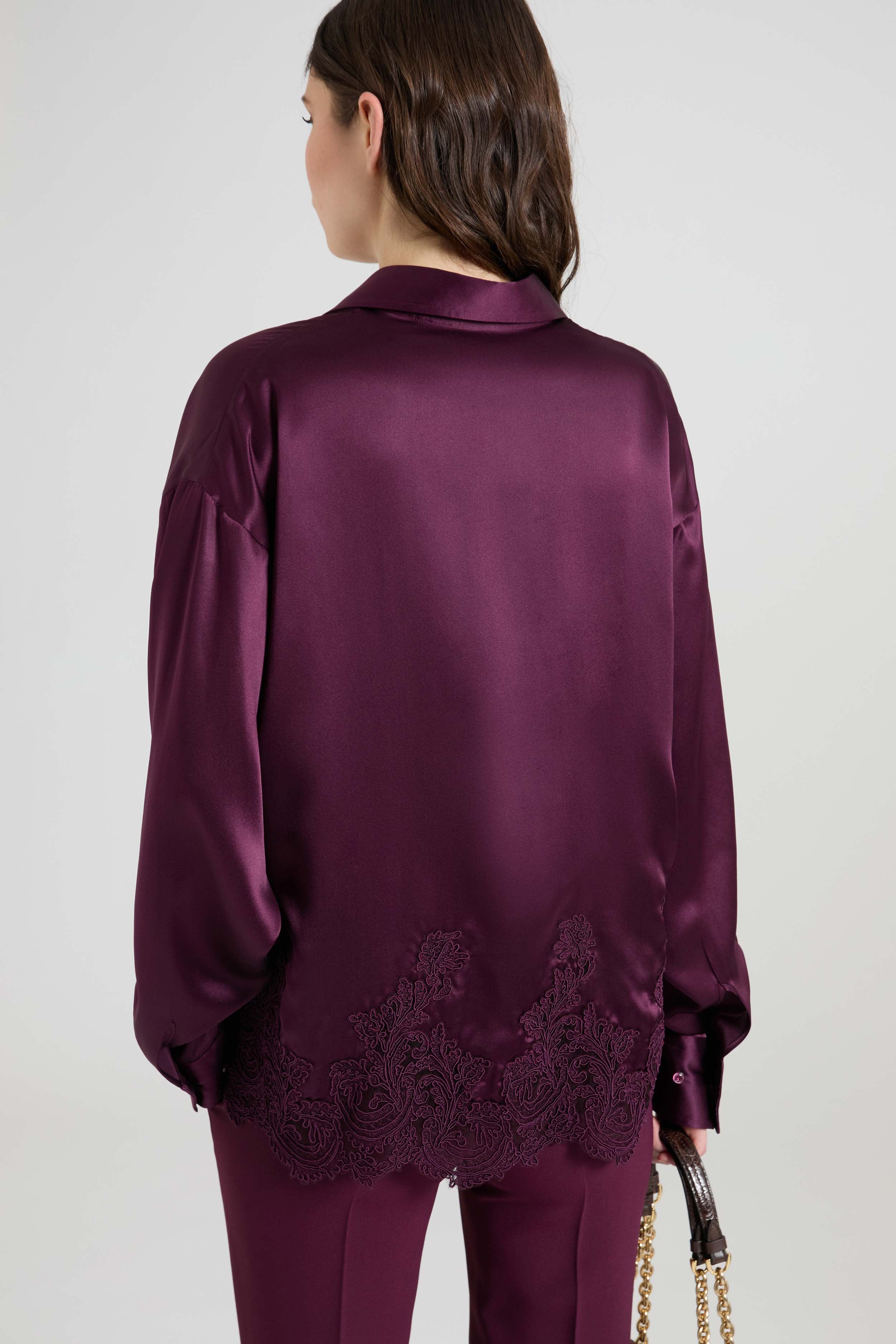 Boxy silk satin shirt with lace hem detail - Image 5