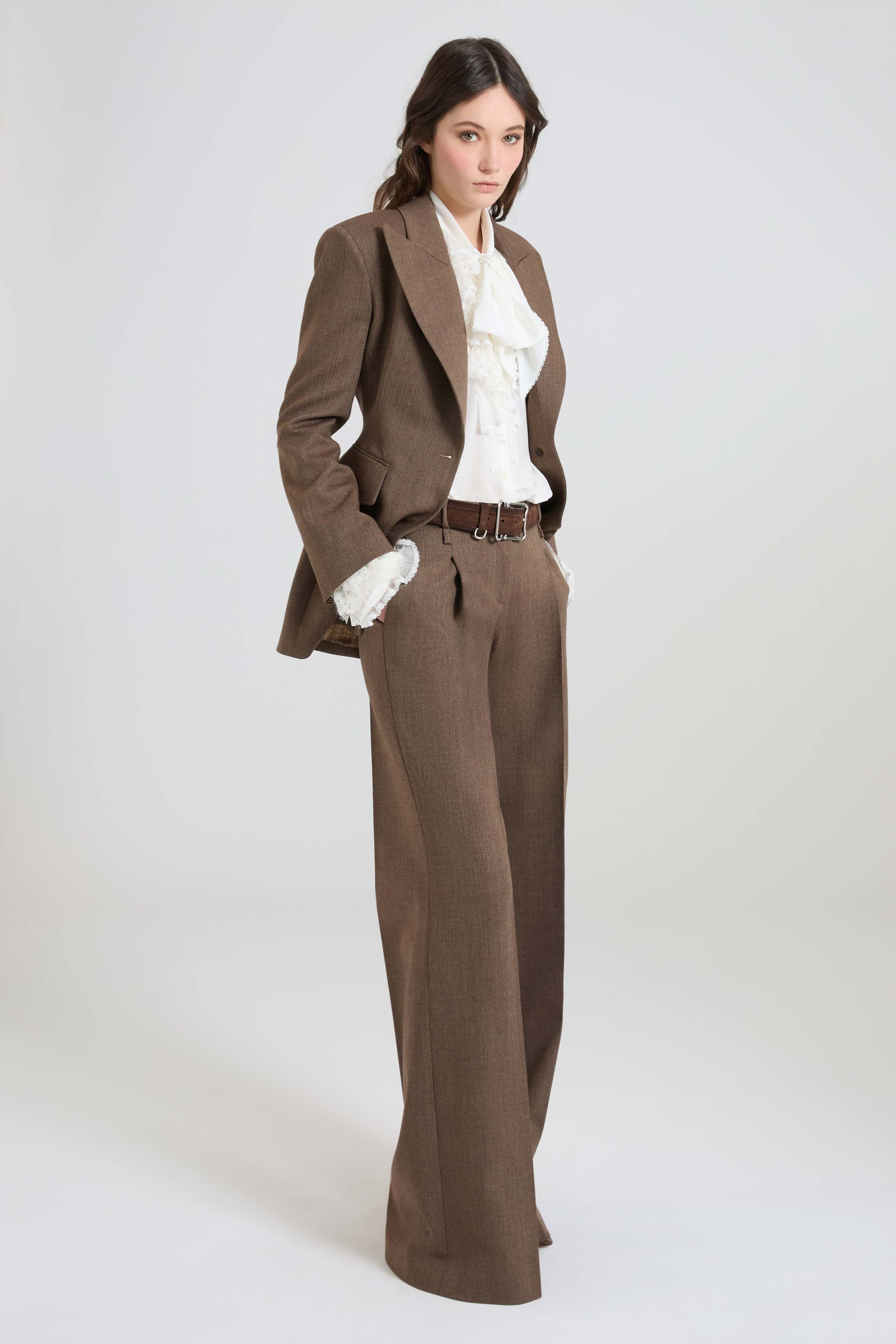 Brown Palazzo Trousers in Fresco Wool with Yarn-Dyed Resca Pattern - Image 2