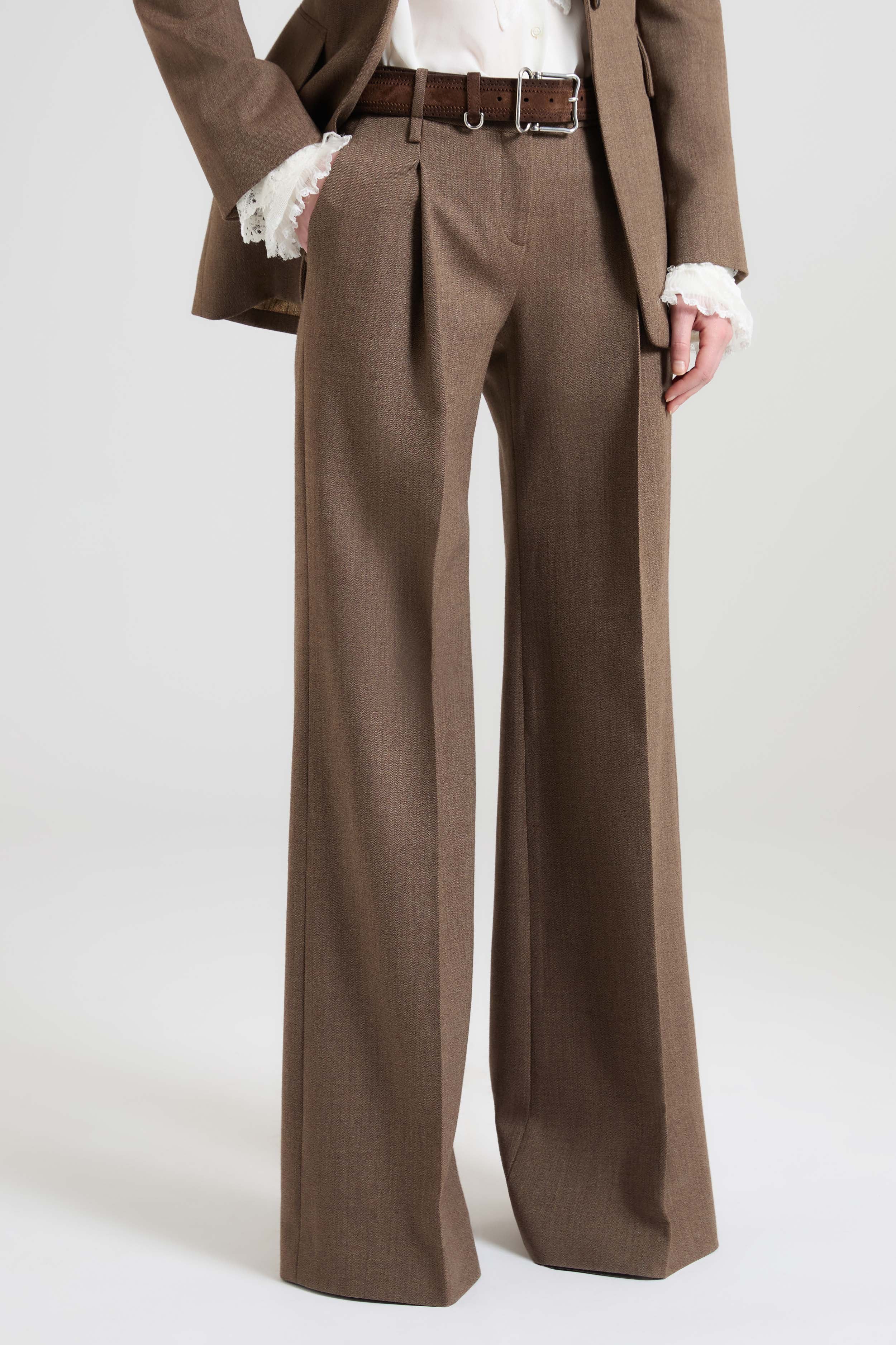 Brown Palazzo Trousers in Fresco Wool with Yarn-Dyed Resca Pattern - Image 3