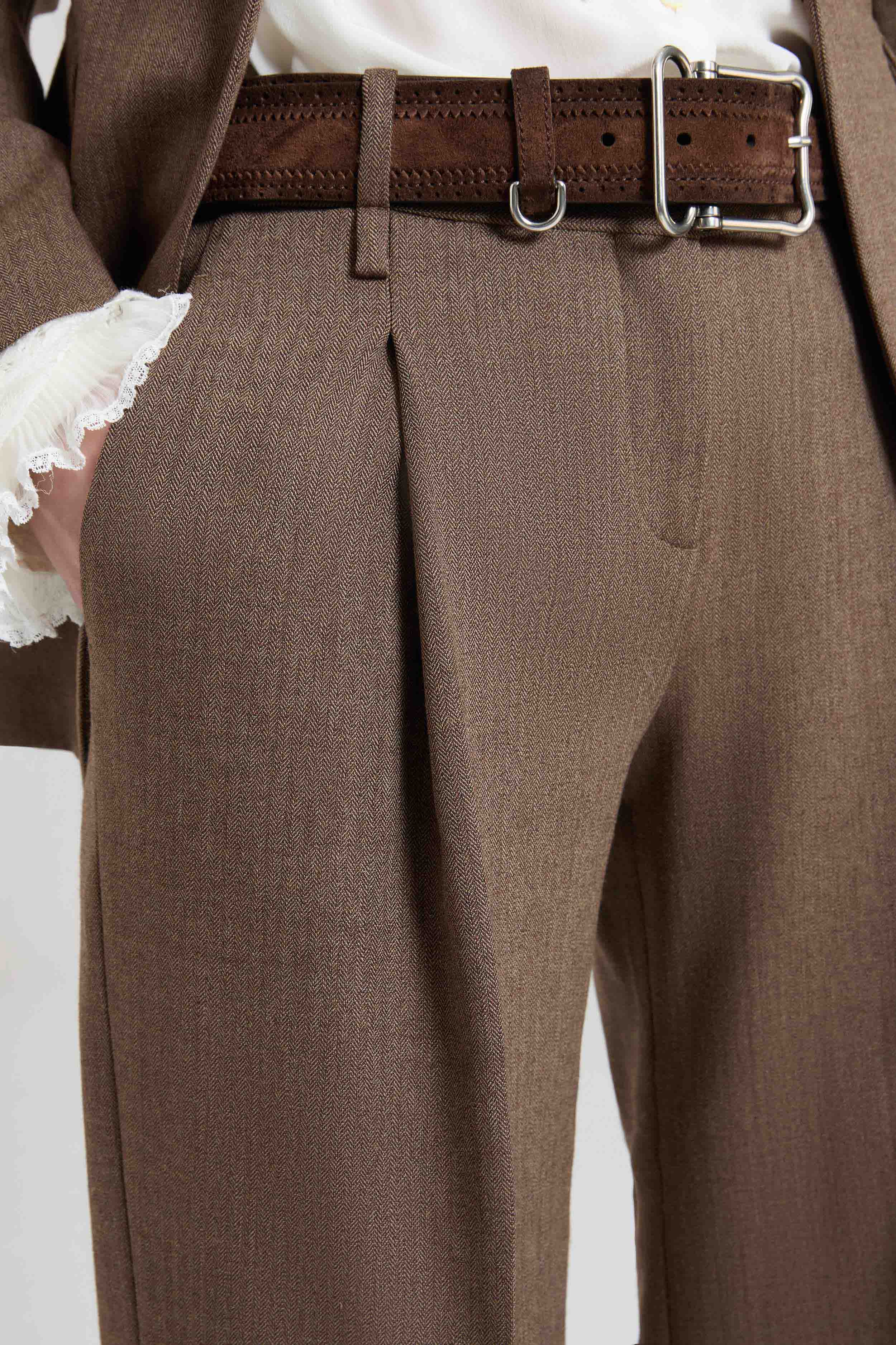 Brown Palazzo Trousers in Fresco Wool with Yarn-Dyed Resca Pattern - Image 4