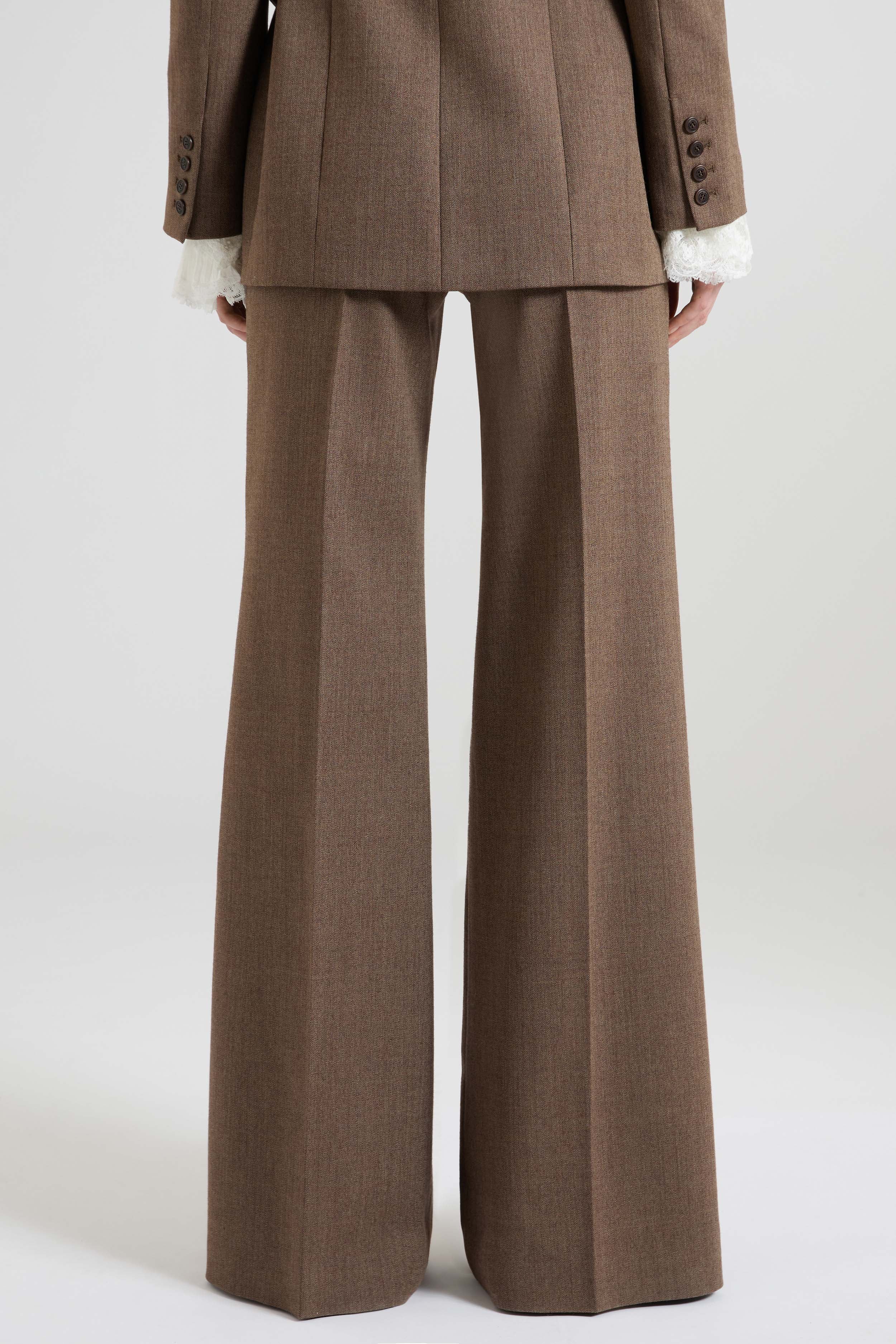 Brown Palazzo Trousers in Fresco Wool with Yarn-Dyed Resca Pattern - Image 5