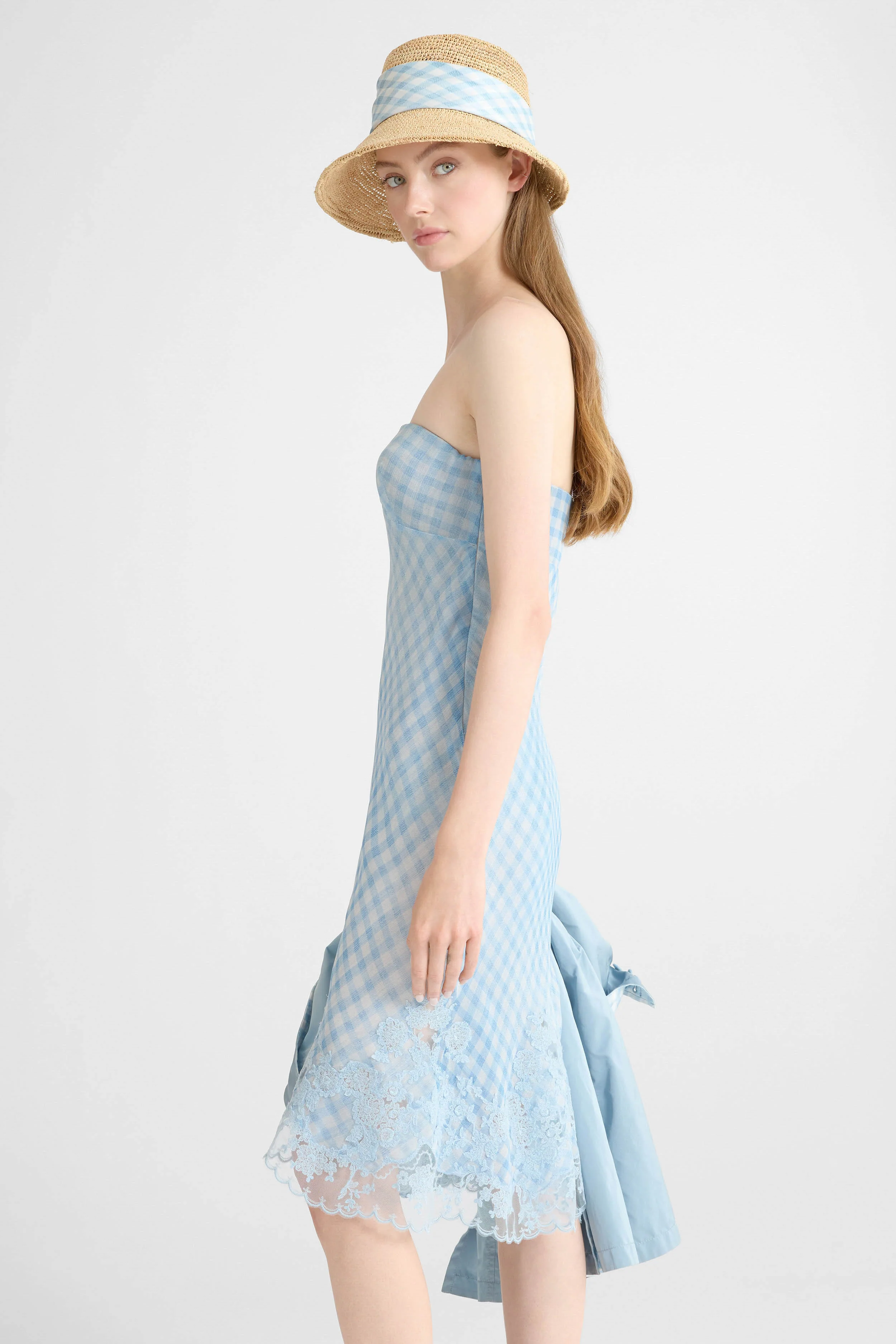 Bustier Dress in Stretch Silk with Vichy Print and Lace - Image 5