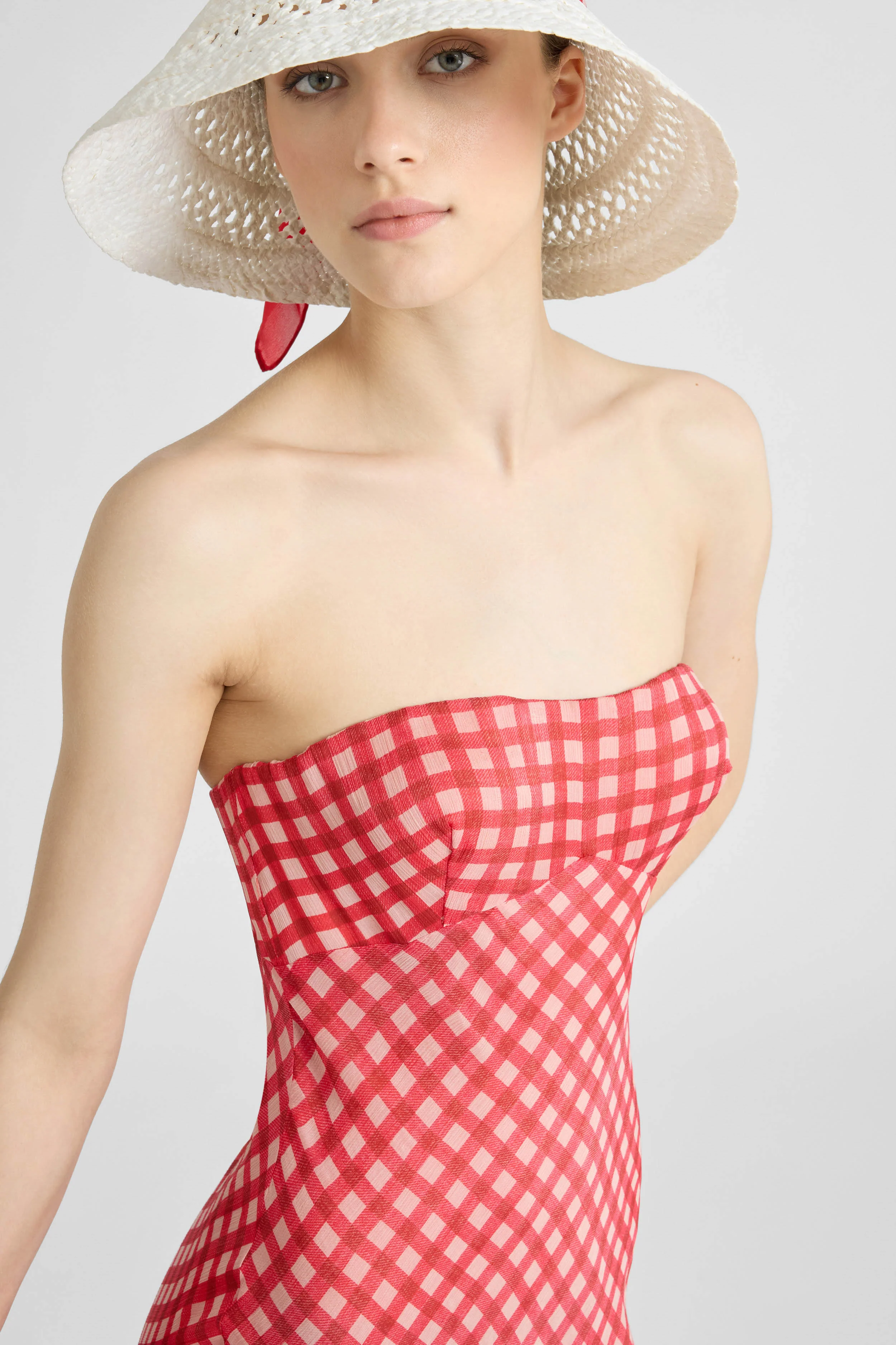 Bustier Dress in Stretch Silk with White and Red Vichy Print and Lace - Image 3