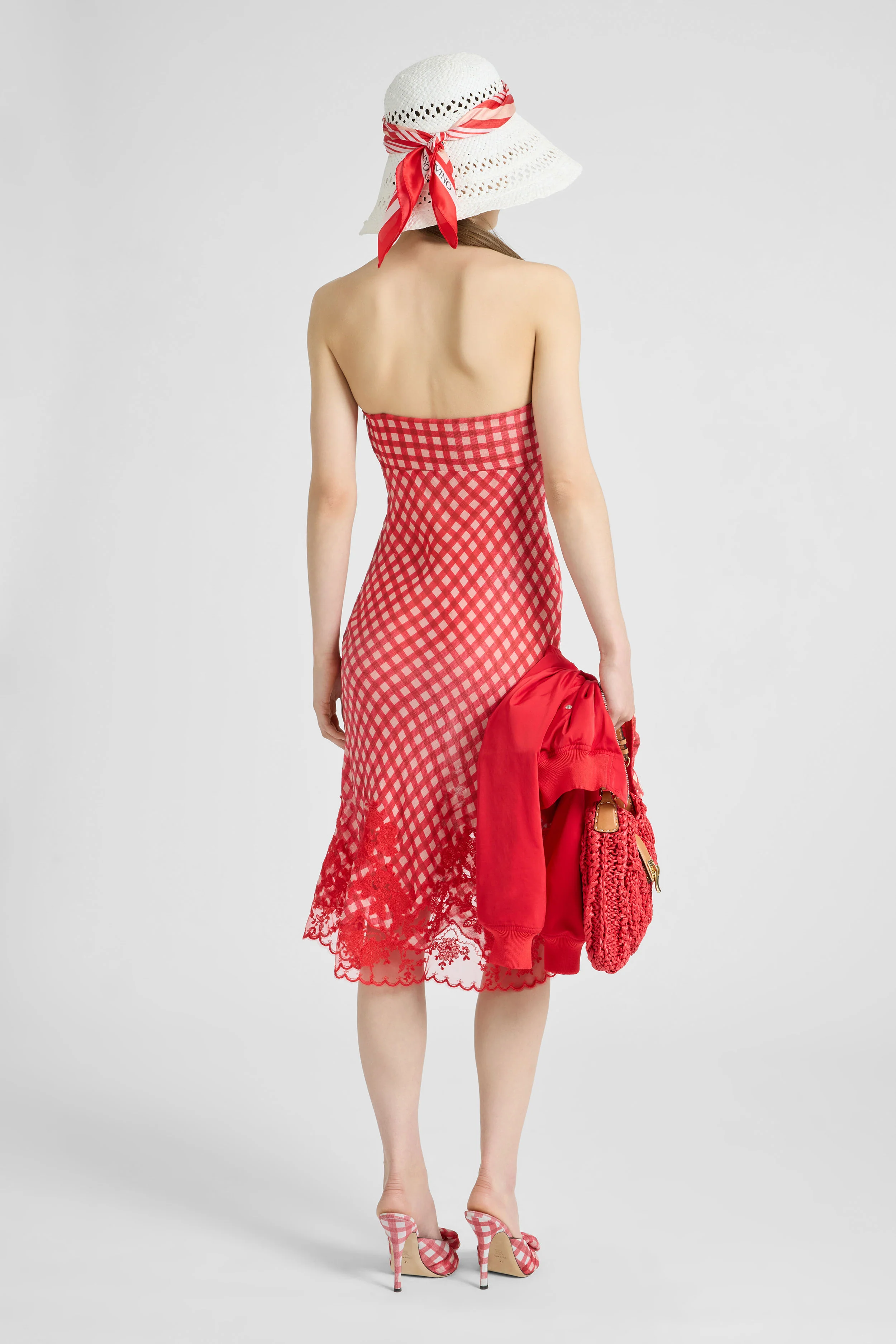 Bustier Dress in Stretch Silk with White and Red Vichy Print and Lace - Image 5