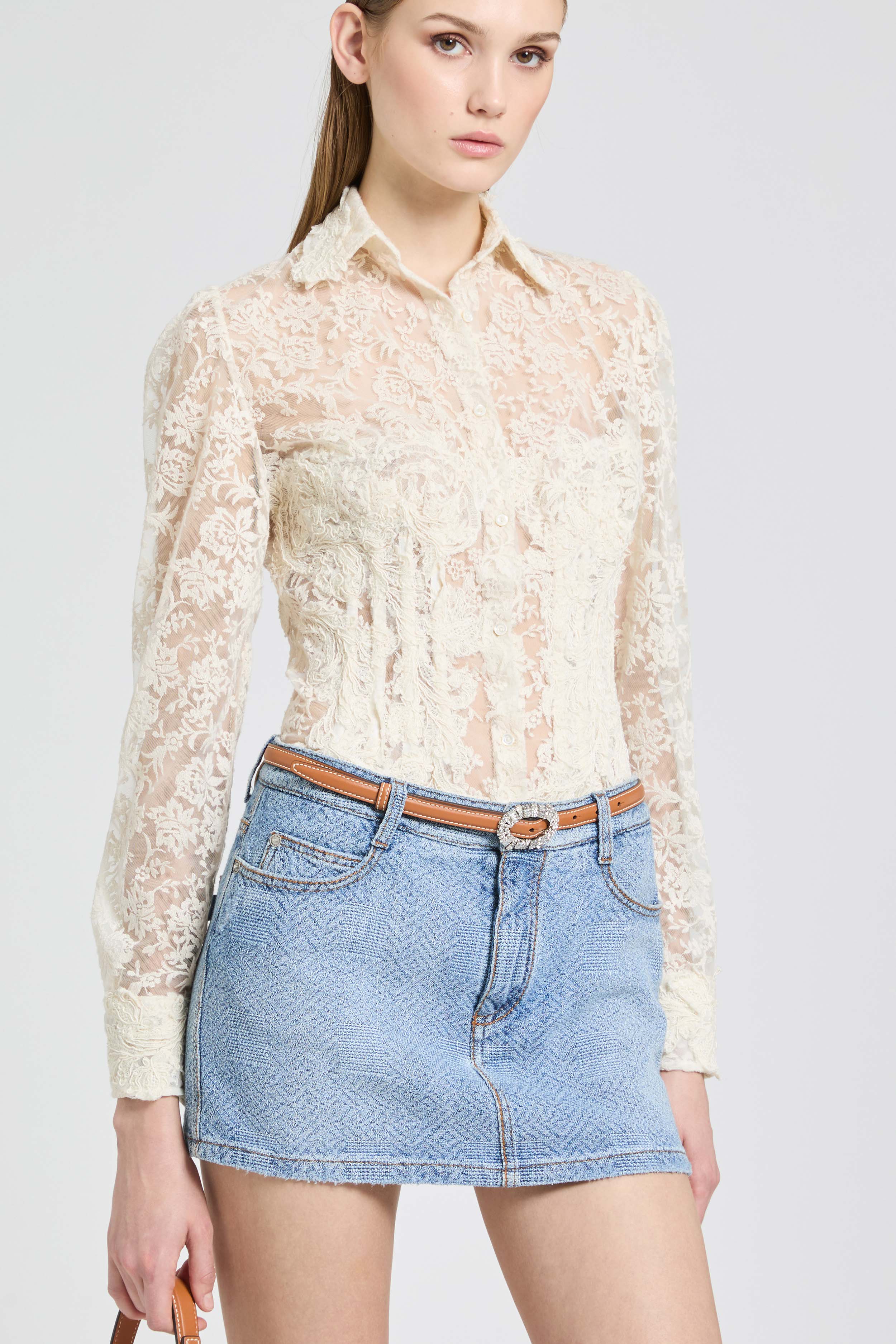 Bustier tulle shirt with long sleeves and embroidered lace effect - Image 3
