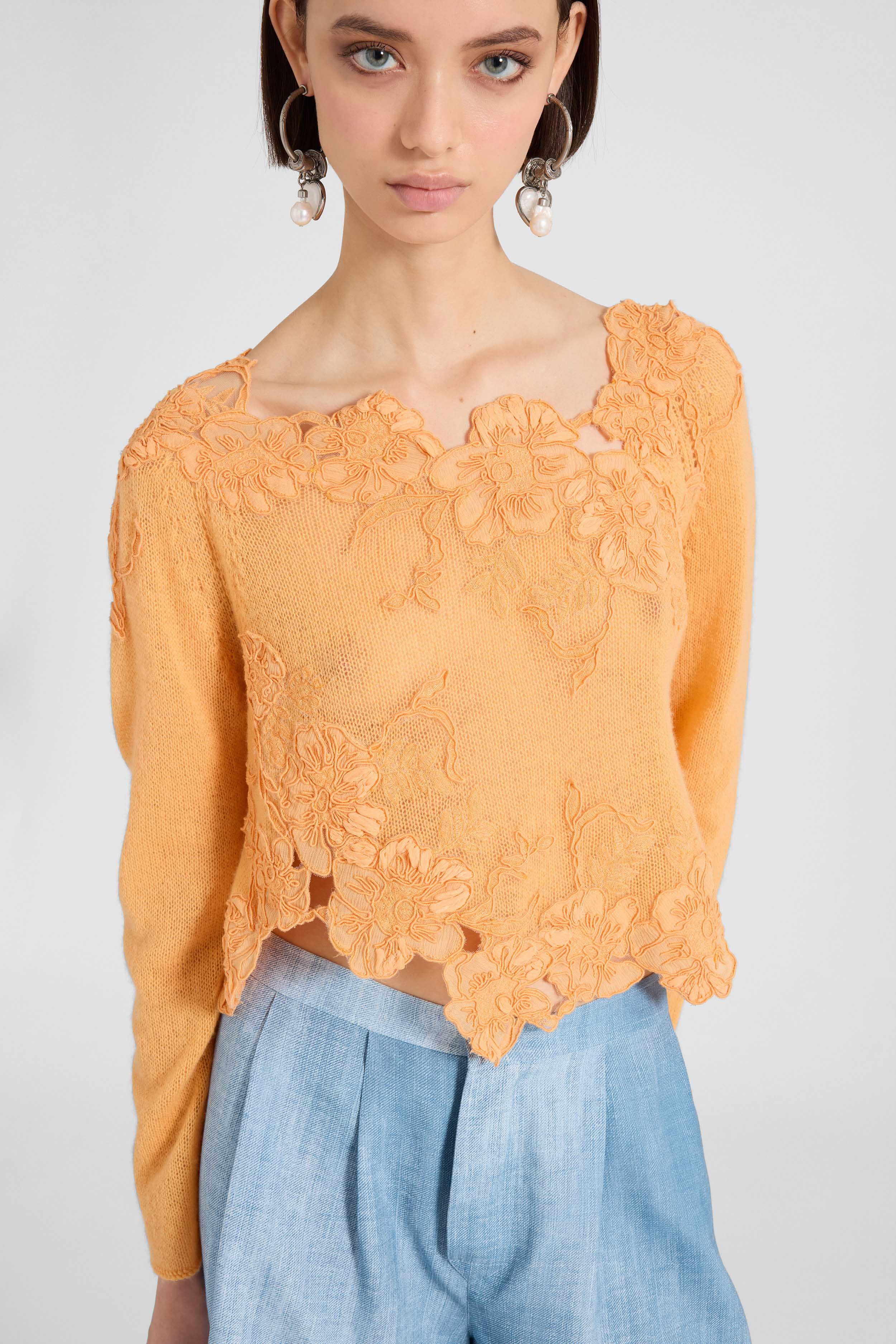 Cashmere sweater with hand-applied floral lace - Image 2