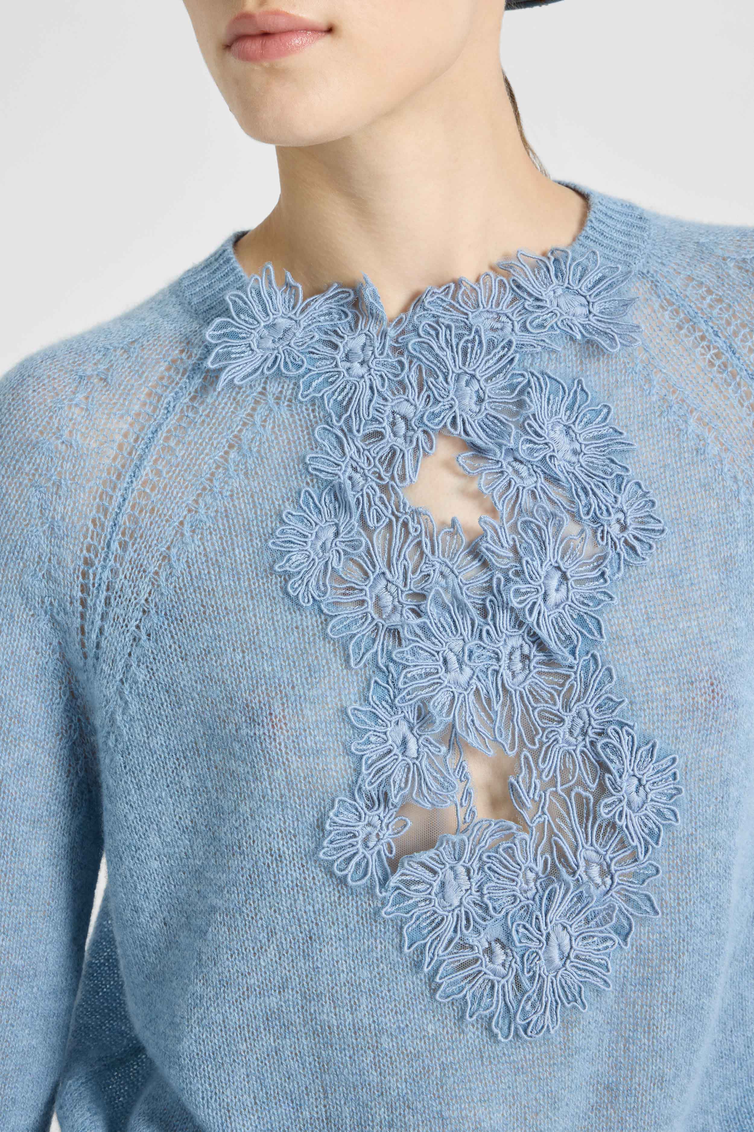 Cashmere sweater with V-neck and daisy appliqués - Image 4