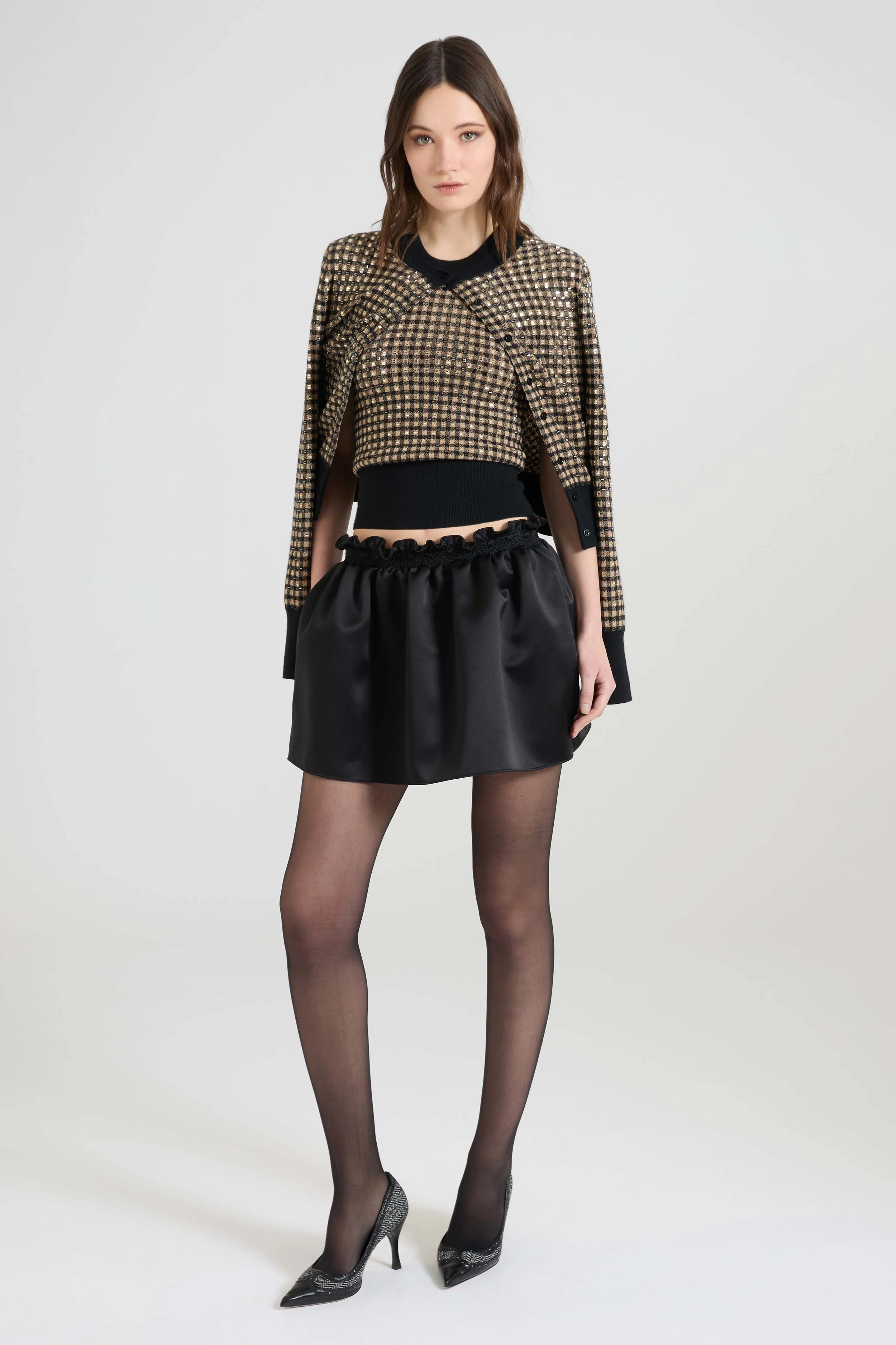 Check-pattern cashmere and wool cardigan with baguette micro crystals - Image 2
