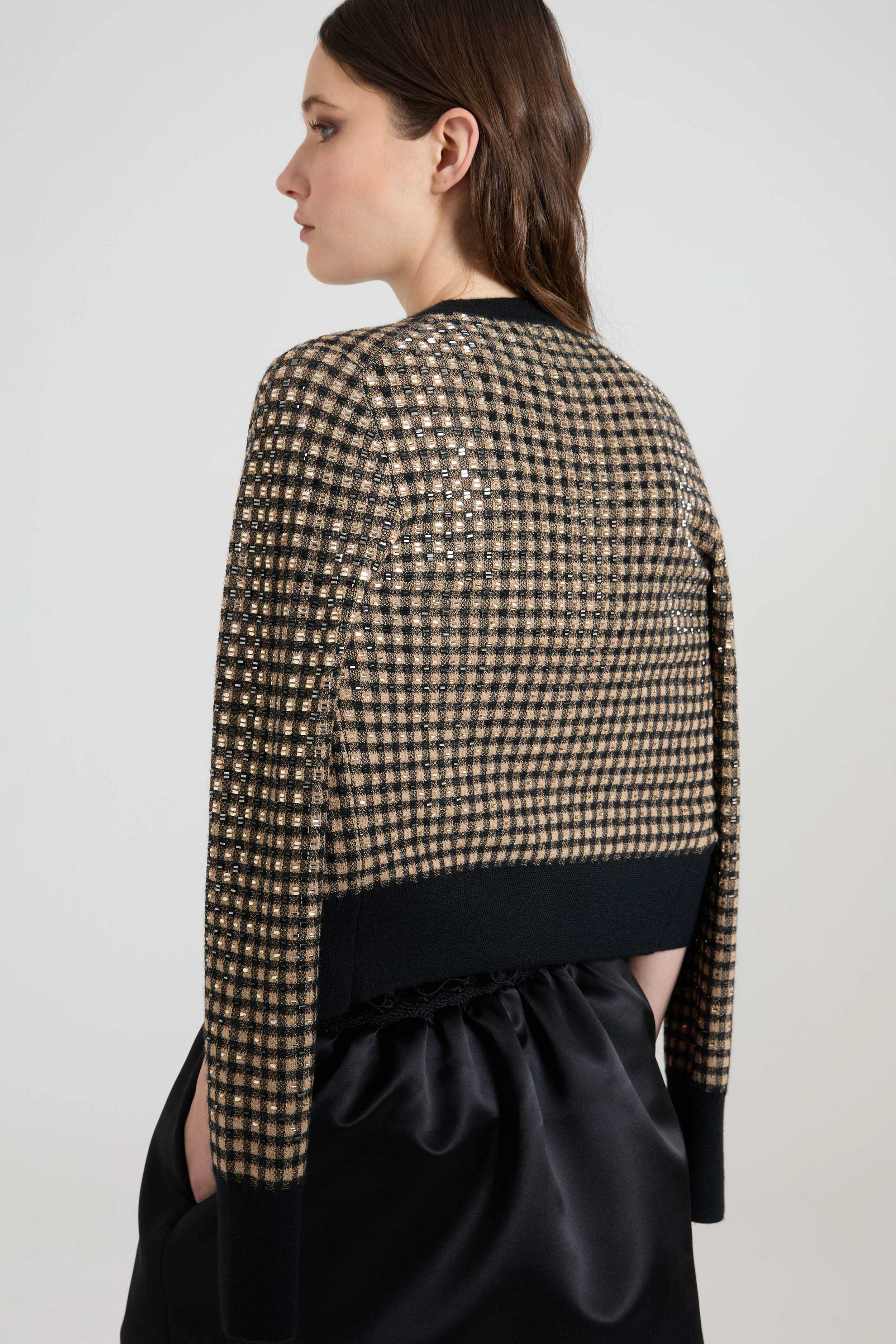 Check-pattern cashmere and wool cardigan with baguette micro crystals - Image 5