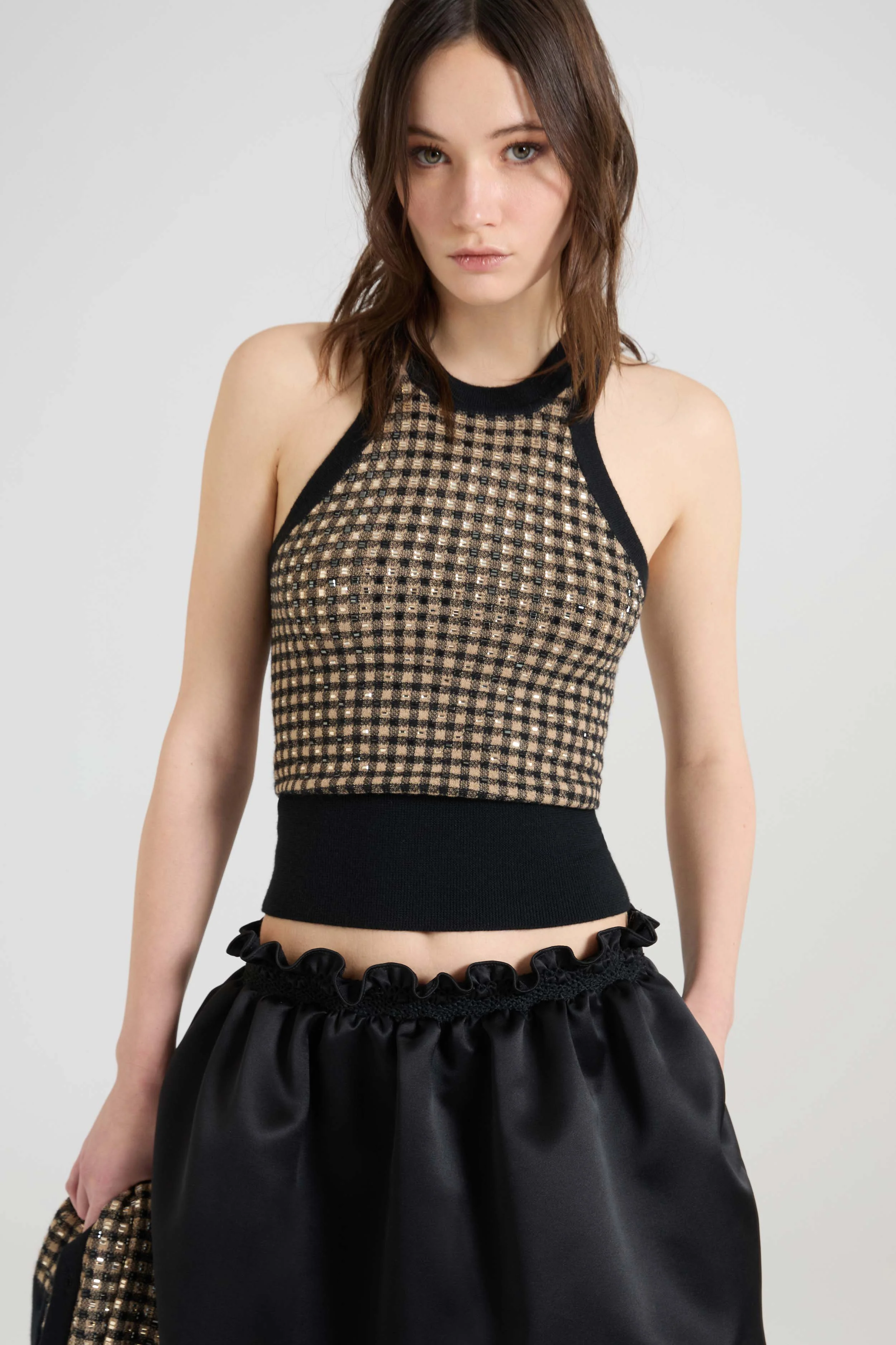Check-pattern cashmere and wool halter-neck top with baguette crystals - Image 2