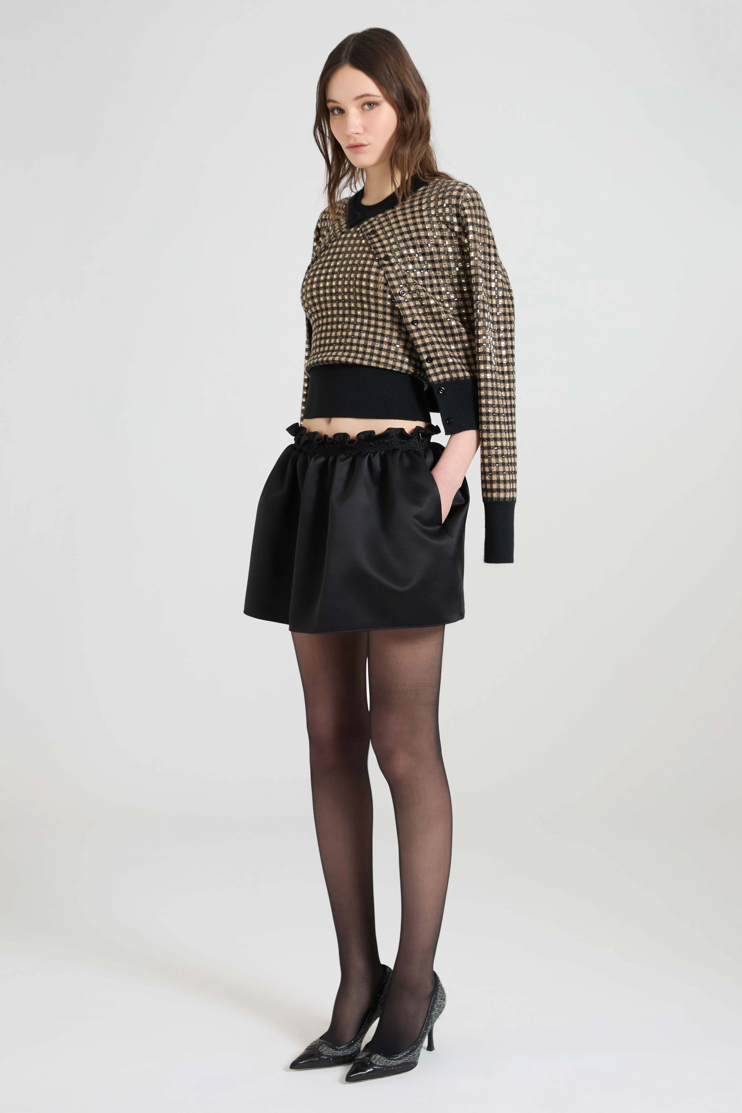 Check-pattern cashmere and wool halter-neck top with baguette crystals - Image 3