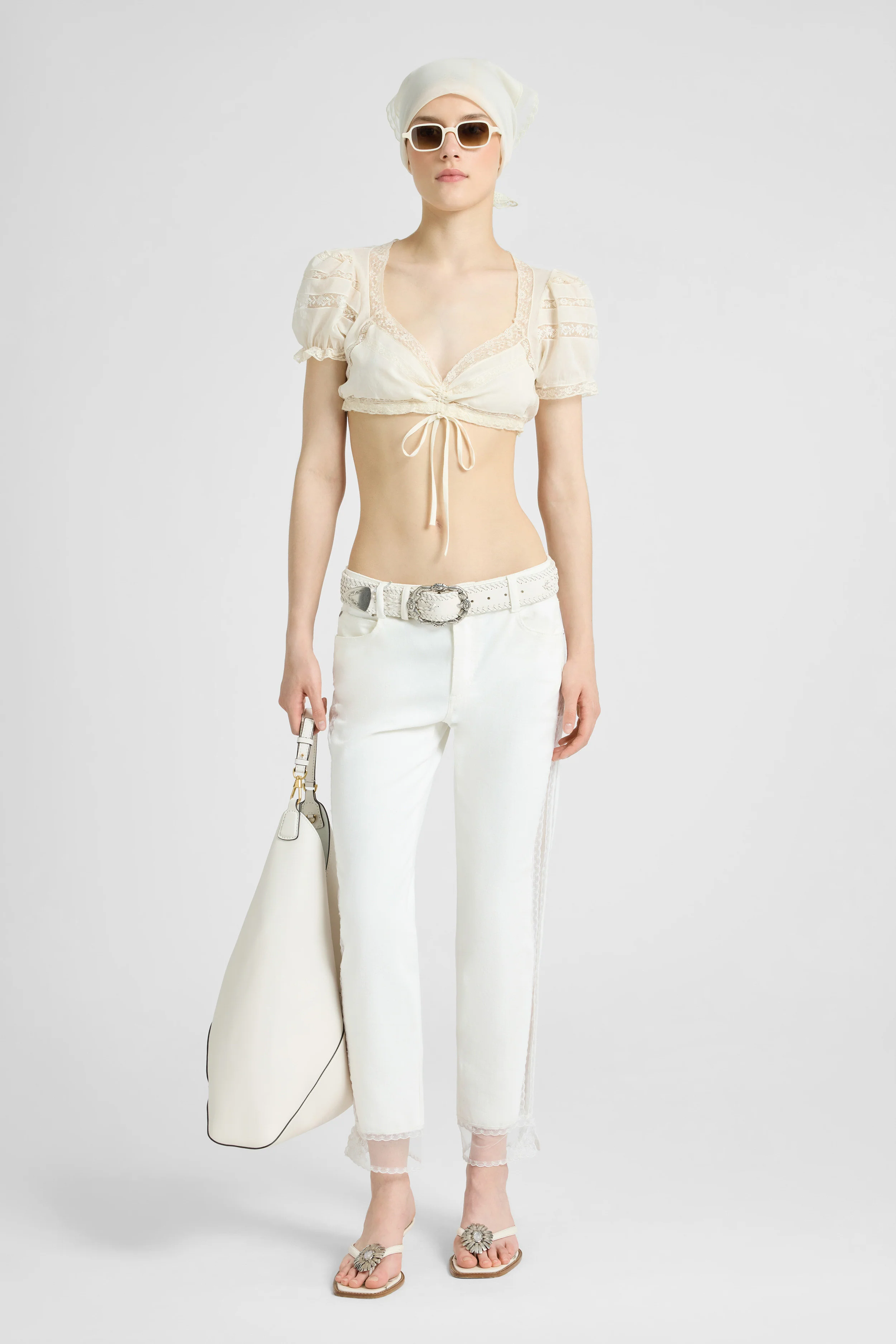 Cigarette-fit denim trousers with Valencienne lace inserts - Image 2