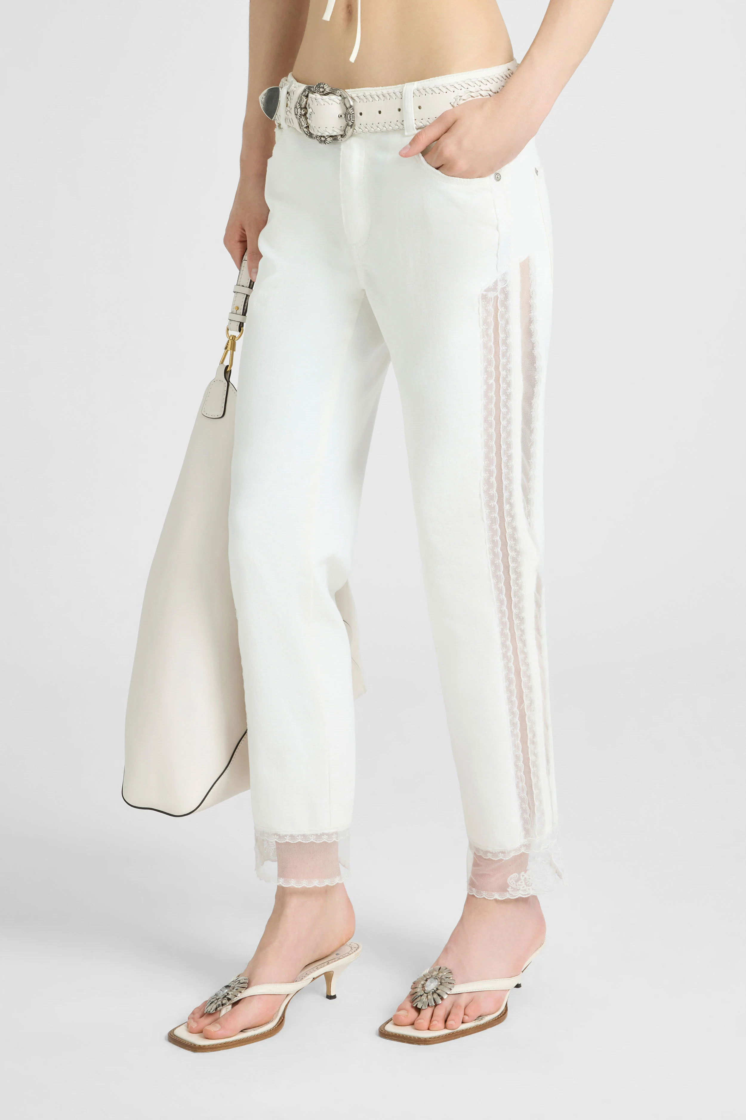 Cigarette-fit denim trousers with Valencienne lace inserts - Image 4