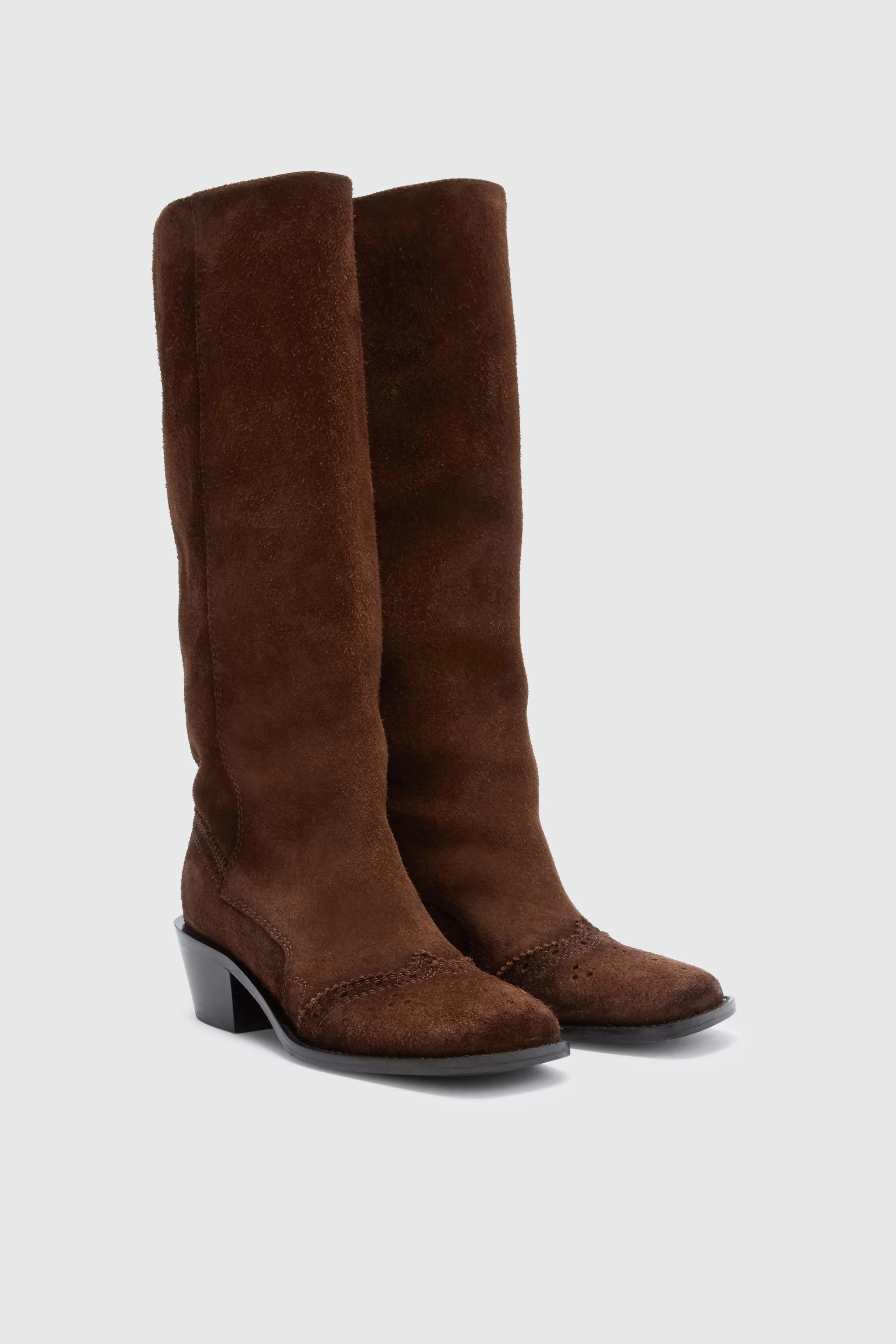 Cognac brown shaded suede tall boots with brogue detailing - Image 2