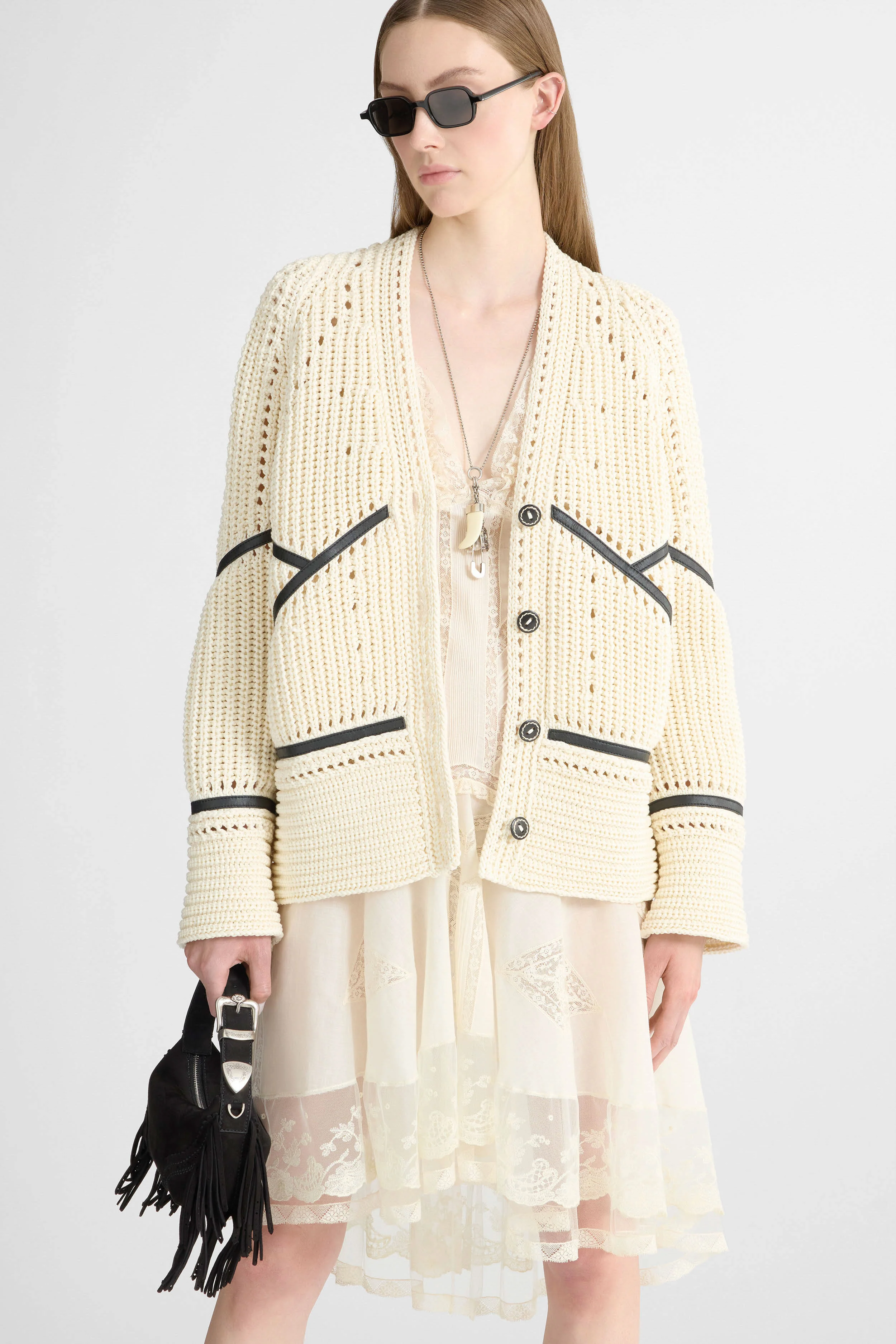 Cotton cardigan with leather trims - Image 3