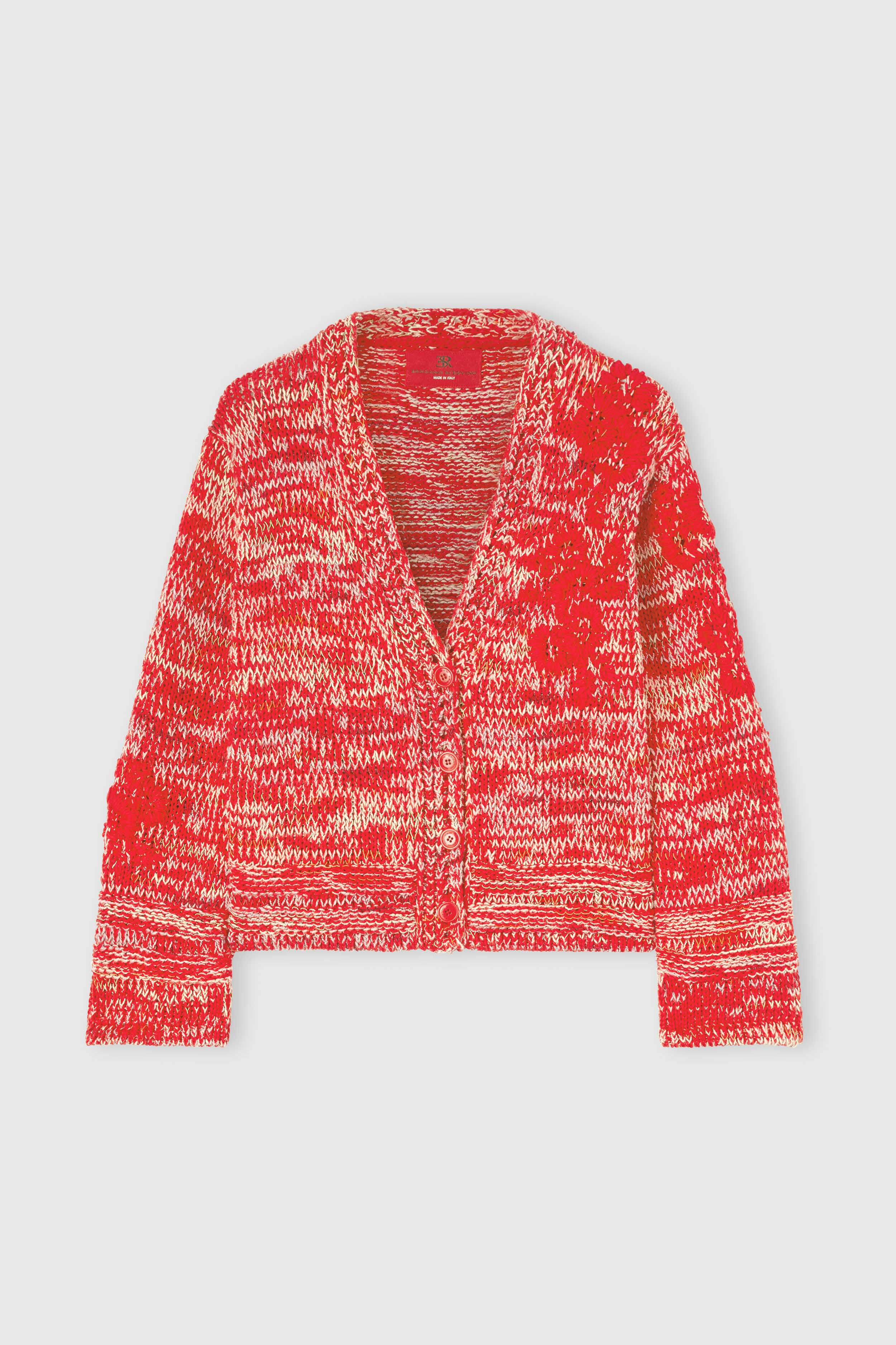 Cotton Mouliné Cardigan with Hand-Embroidered Floral Motif