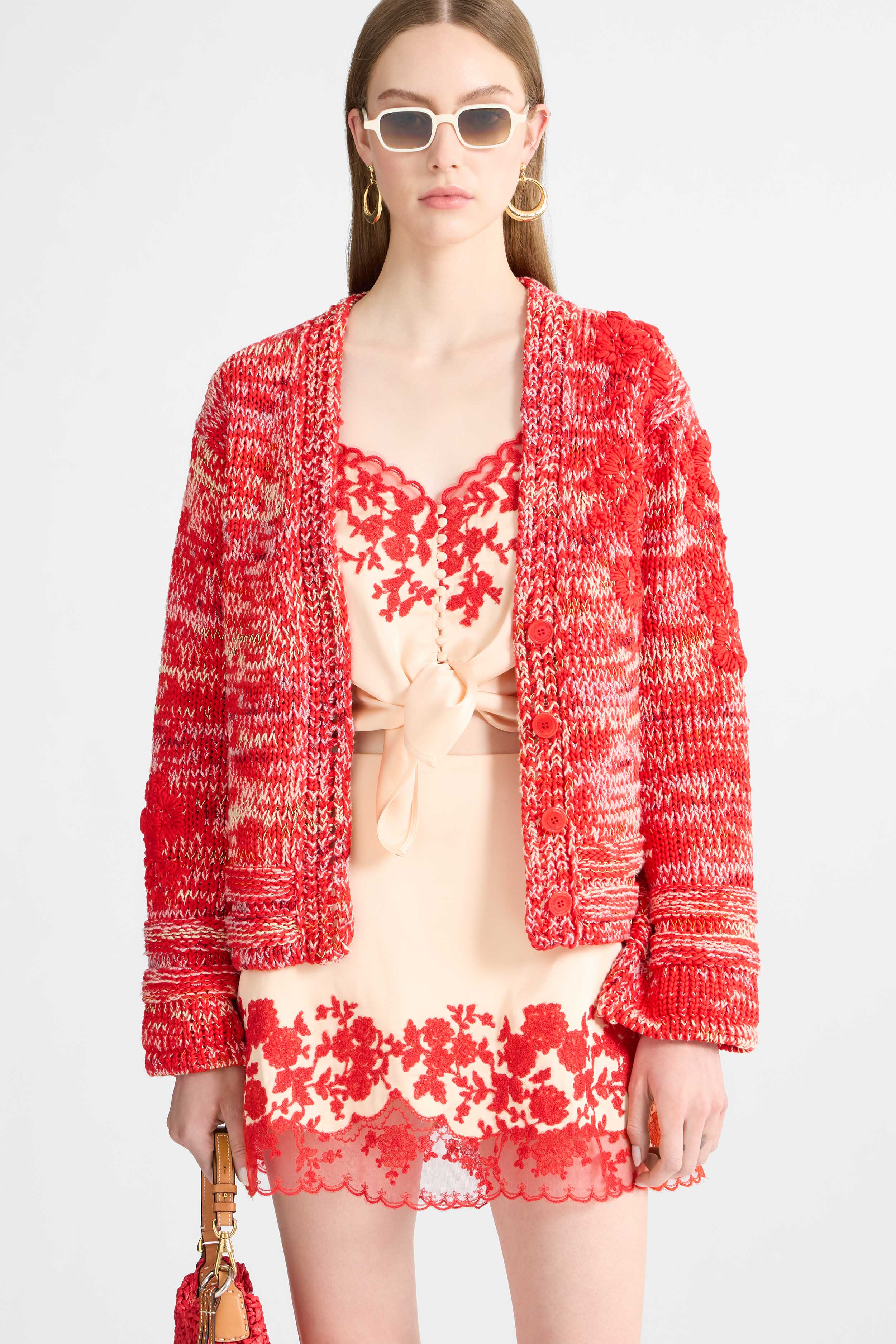 Cotton Mouliné Cardigan with Hand-Embroidered Floral Motif - Image 2