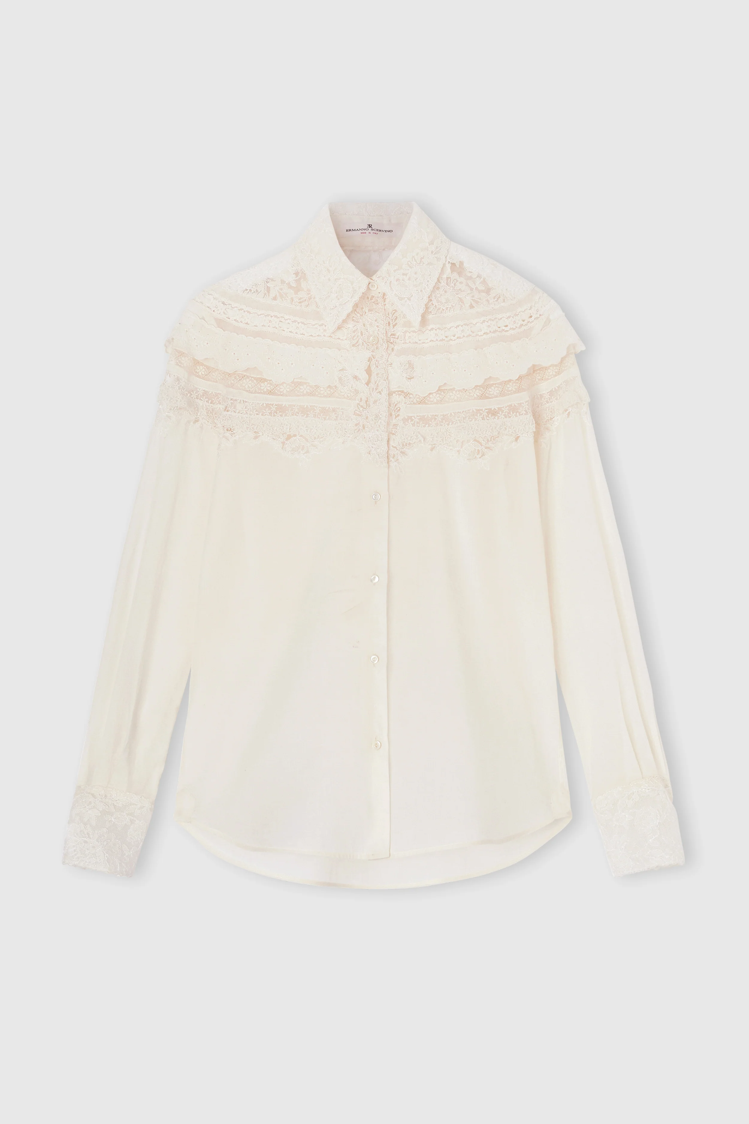 Cotton Muslin Shirt with Valencienne, San Gallo, and Rebrodé Lace