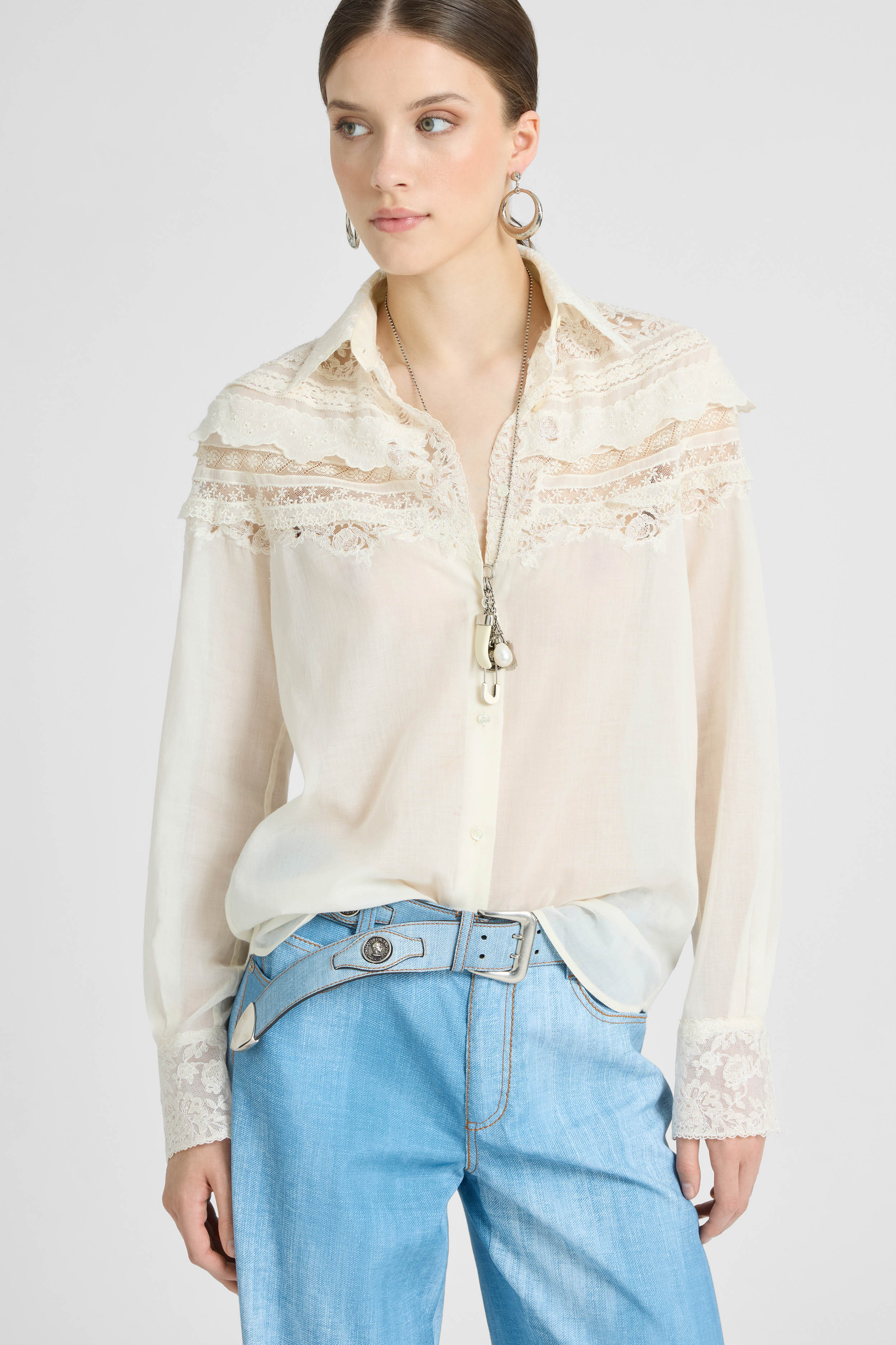 Cotton Muslin Shirt with Valencienne, San Gallo, and Rebrodé Lace - Image 2