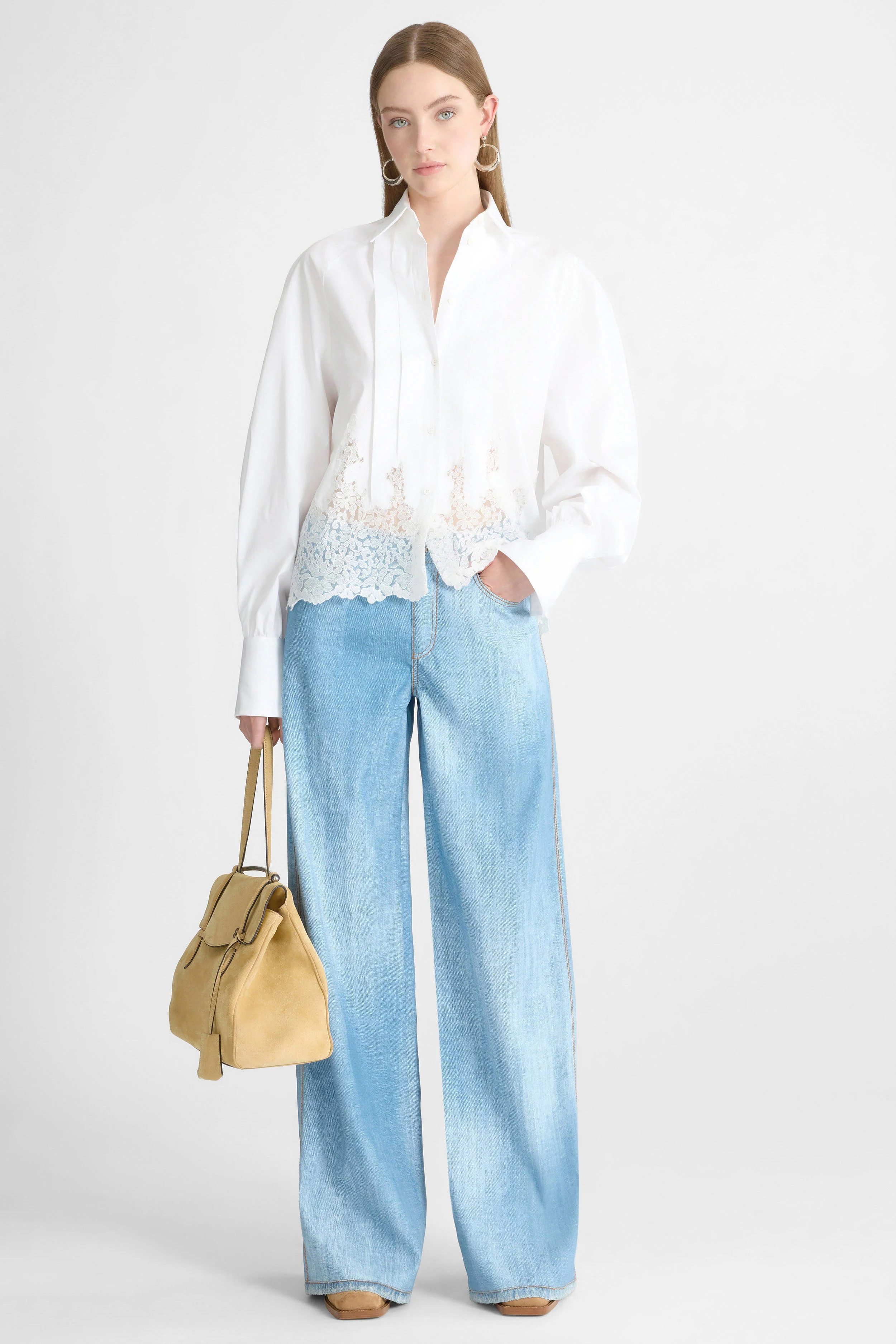 Cotton Shirt with Puff Sleeves and Rebrodé Lace Detail - Image 2