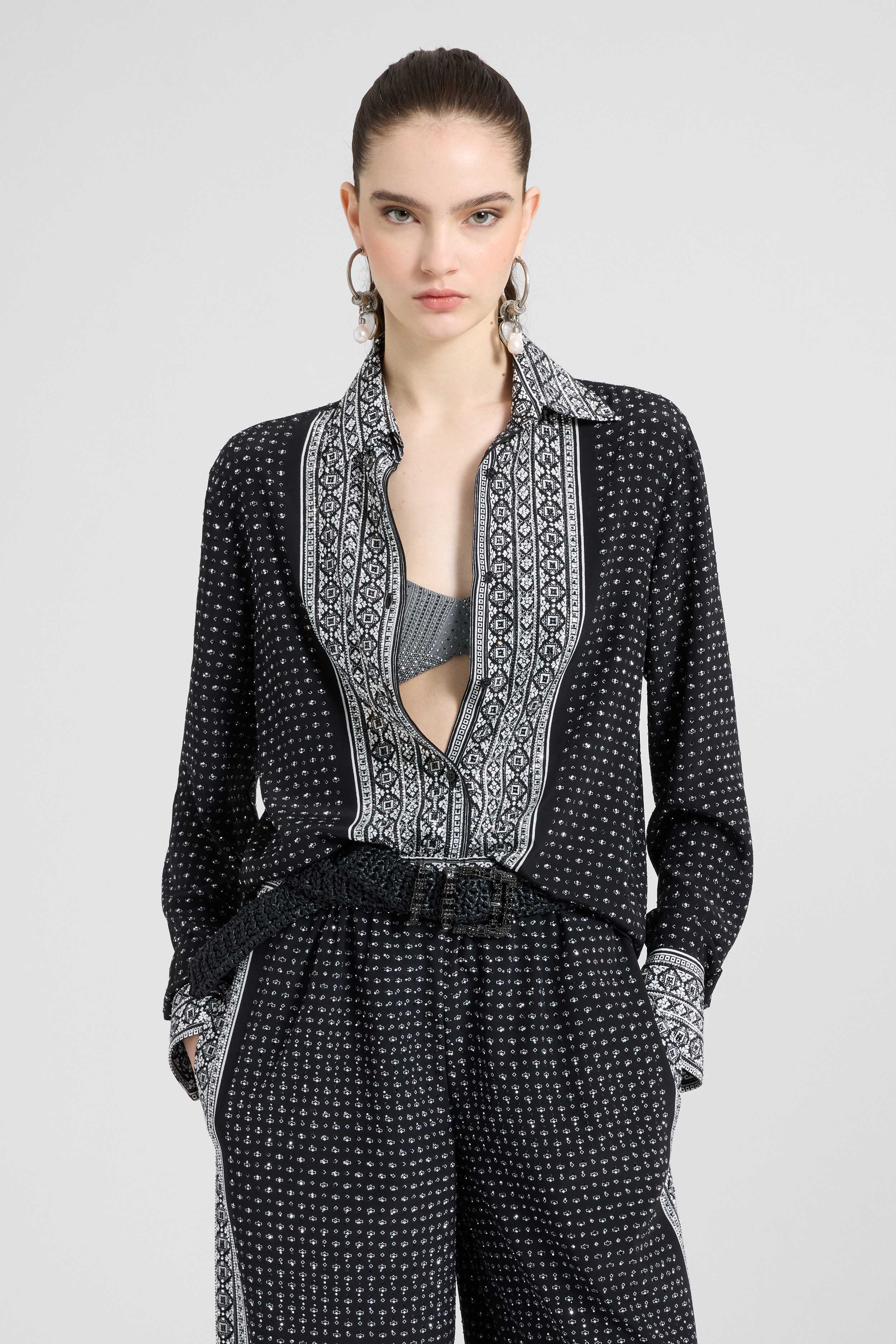 Crepe de chine silk shirt with scarf print and crystals - Image 3